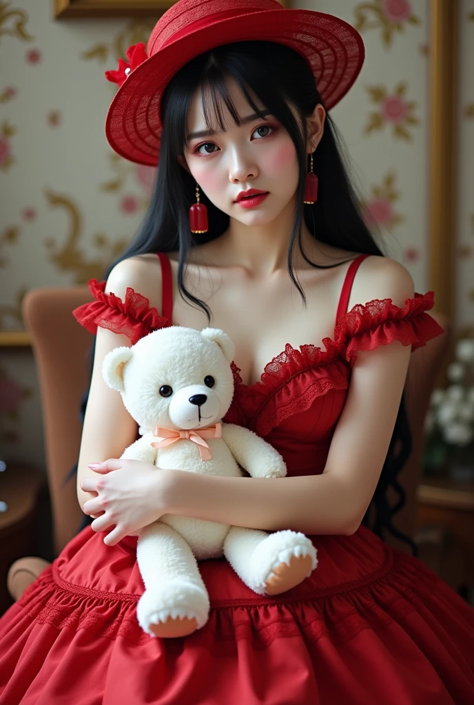 A woman in a red sexy dress and hat is holding a white teddy bear, embarrassed smile、 Album cover inspired by Fujiwara Takanobu, Tumbler, Renaissance,  Lolita Style ,  Lolita Fashion, Loli Dress, rococo ruffle dress, , Ruffled Costume, victorian gothic  Lolita Fashion,  romantic dress, Pale red, Fairy Core,  Maid Dress