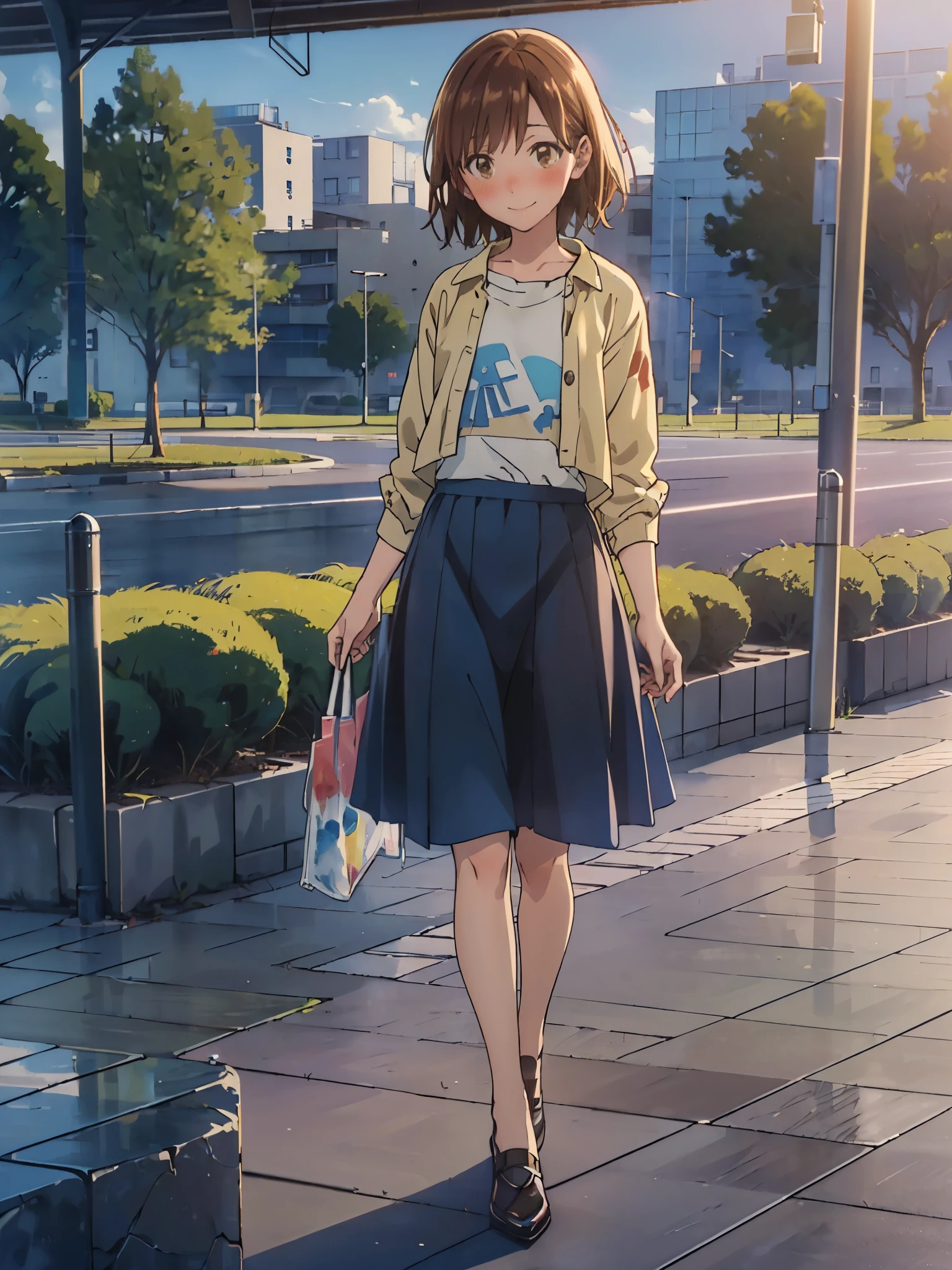 (flat anime painted:1.5), Anime - Illustration of a woman in high school clothes, summer outfit:1.5, anime character, official character art, neat and serious, full body, female anime girl, (brown eyes:1.5), Posing:1.5, (Tanned:1.0), Looking at camera, (Embarrassed expression:1.5), (smile:1.5), In the park, small chest, (Blush:1.5), (On the way home at morning:1.5), go on a date, 