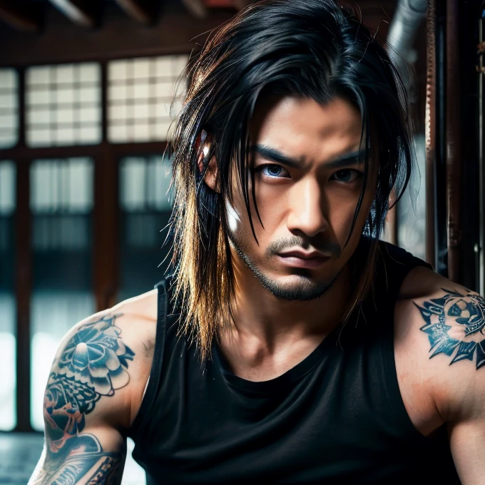 1 man, Japanese man, male, Asian eyes, blue eyes, muscular, broad shoulders, yakuza tattoos, hairstyle Visual Kei style, hair Visual Kei, black men's shirt and black pants, ultra detailed face and eyes , hyperrealistic, realistic representation, long hair, long hair, 30 years old, age 30 years, blond, blonde hair