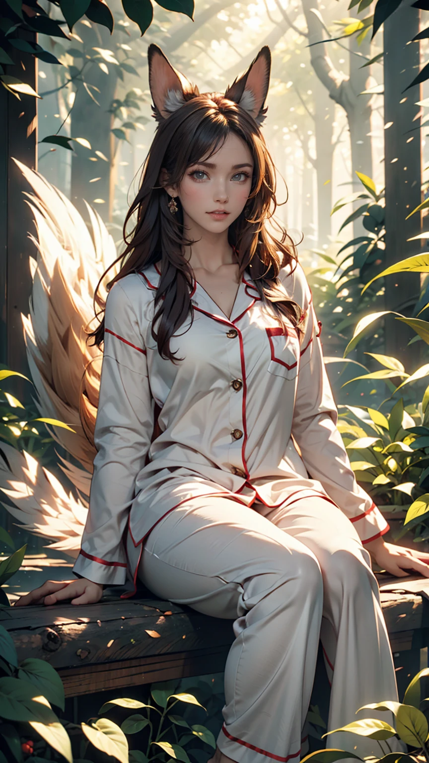 Professional, high-quality photos, 4K resolution, Realistically detailed image of an attractive girl in fluffy white pajamas with fox ears and a fox tail. She is sitting in the middle of a magical forest, Every element is perfectly expressed. The texture of pajamas, The ears and tail are sharp、palpable. The sunlight falls on the leaves、The girl&#39;s face is gently illuminated, Highlights delicate and attractive facial expressions  