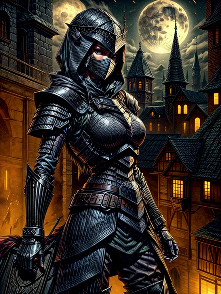 Female Assassin,Hooded with black eyes,With iron mask, wearing a shield ,black armor, with a medieval city in the moonlight in the background.