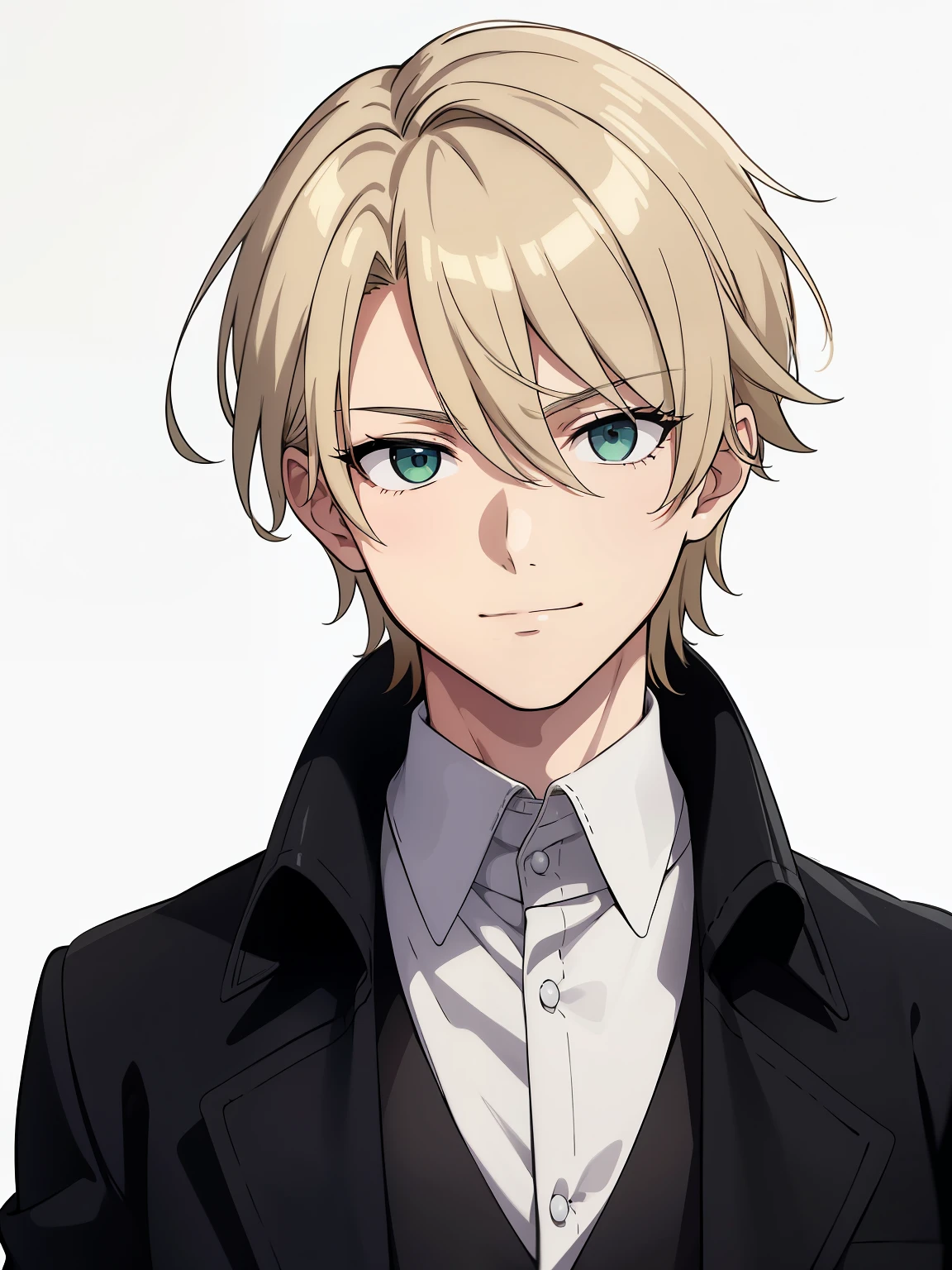 (high-quality, breathtaking),(expressive eyes, perfect face) portrait, 1boy, male, solo, adult man, Symmetrical Eyes, age late 30's, blonde hair, light green eyes, stylized hairstyle, looking at viewer, portrait, neutral expression, black trench coat, white shirt, black vest, belt, black pants, grey background, slender build, smile, soft expression
