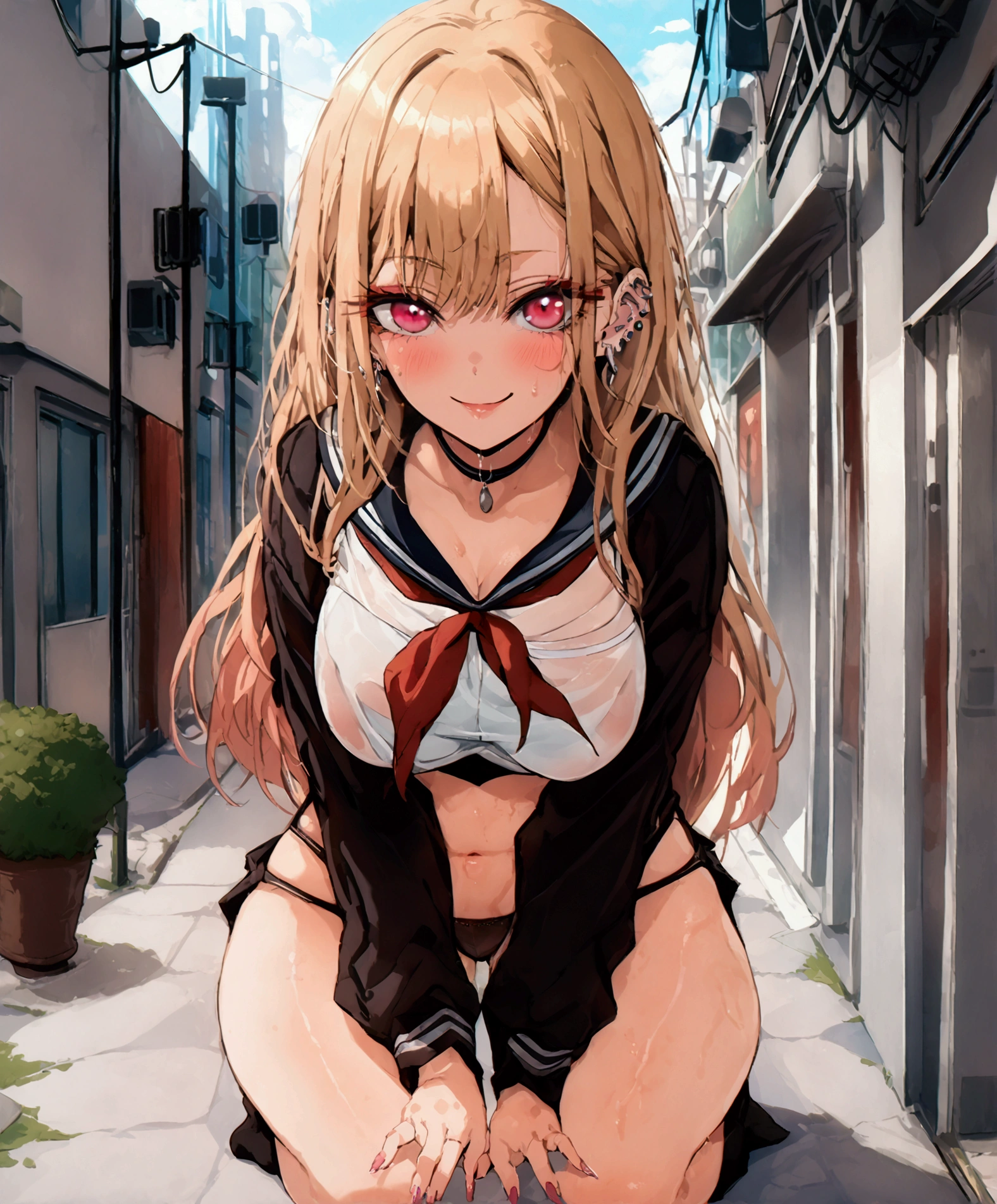 (masterpiece, best quality:1.2),1girl, solo, Kitagawa Marin, multicolored hair, blonde hair, long hair, magenta eyes, ear piercing, earrings, pink nails, makeup, wearing sailor uniform crop top, black thong, naughty smile, blush, sweaty, steamy, Expressiveh, looking at the viewer, shiny skin, netorare, in the city, full body