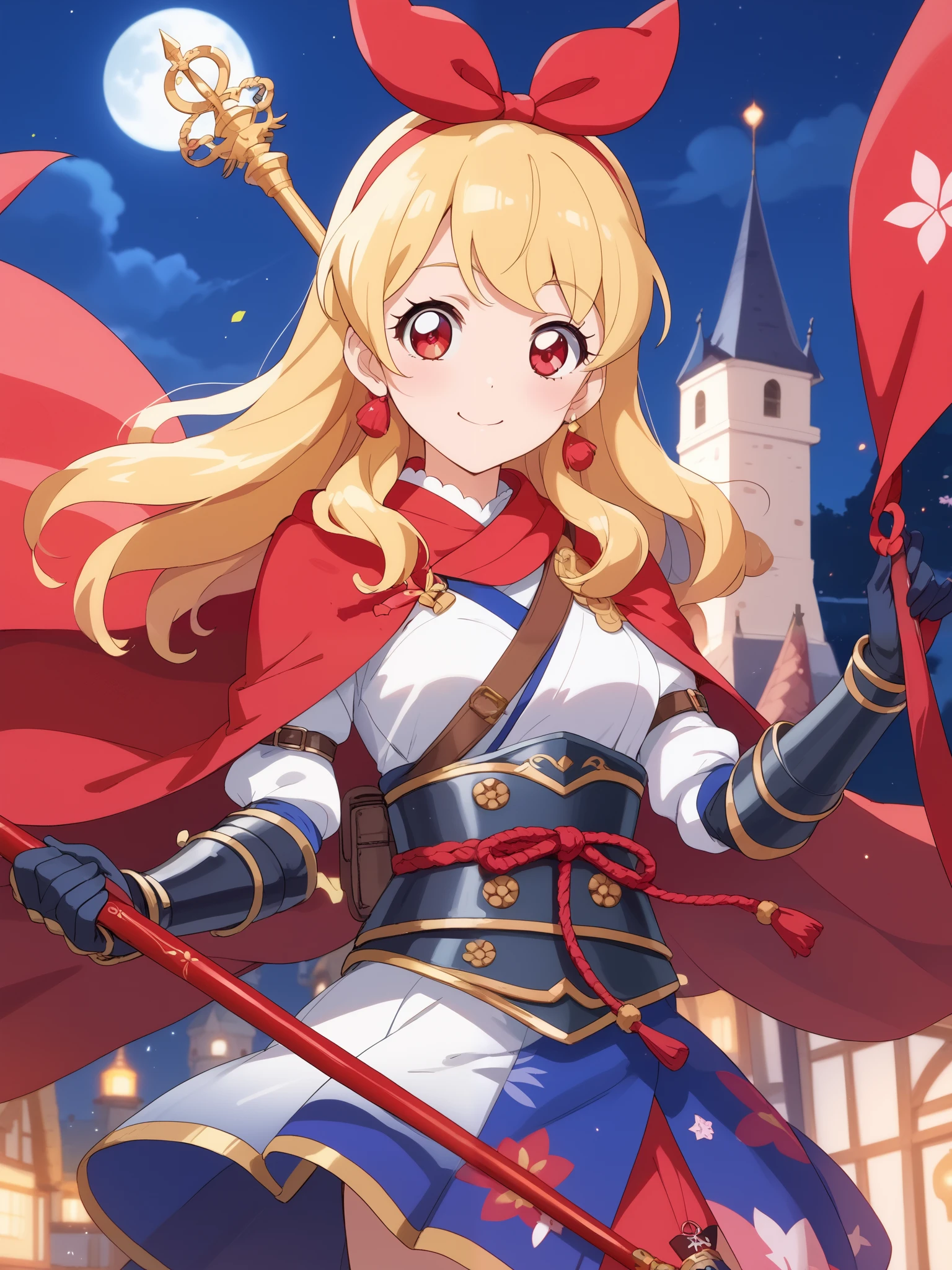 (RED Ribbon on HAIRband:1.2),(blonde hair :1.5),long hair,hair ornament,(((RED eyes))),(Anime Girl: 1.2), (Master Piece)), (Best Quality: 1.2), (8k Quality)), (Extremely Detailed Illustration)), (super fine Illustration)), an Extremely Delicate and Beautiful, Ultra High Resolution,fantasy,18 yo, cute face, kawaii,1 girl, solo,medium breasts,
(knight girl:1.5),(white diamond knight armor:1.5),((red cape)),weapon,(hand holding a trident:1.3),night,moon,castle town,outdoor:1.5,,Ichigo Hoshimiya (Aikatsu!),samurai,