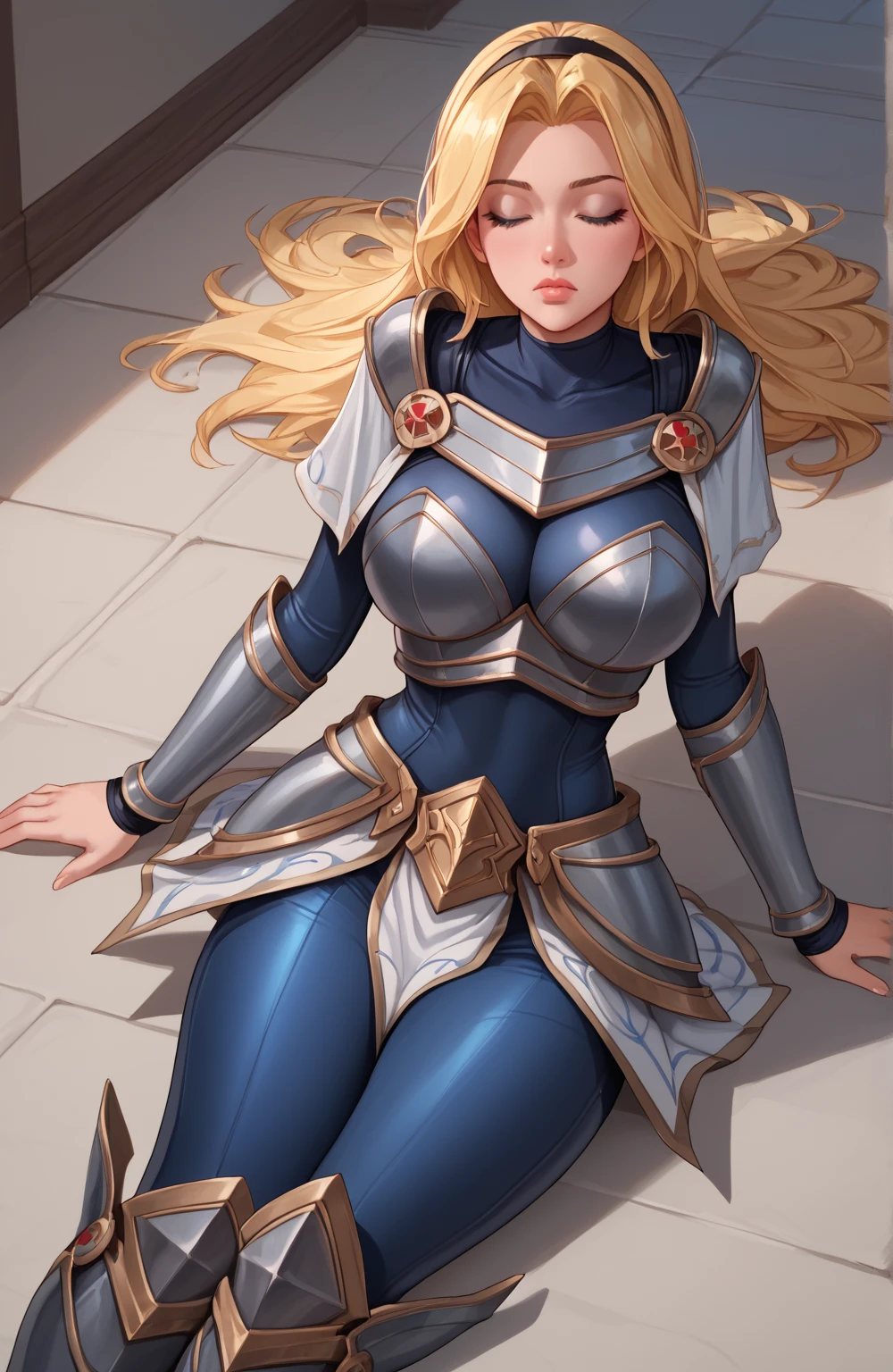 score_9, score_8_up, score_7_up, score_6_up, score_5_up, score_4_up, LuxLoLXL, blue eyes, blonde hair, long hair, black hairband, big breasts, collarbone, shoulder armor, armor, blue bodysuit, breastplate, long sleeves, faulds, skirt, blue pants, armored boots, ((((big breasts)))), alone, full body, knee high boots ,eyes closed, fainted, blows in the face, lying down, looking to the side, head to the side,tied,profile face, full body