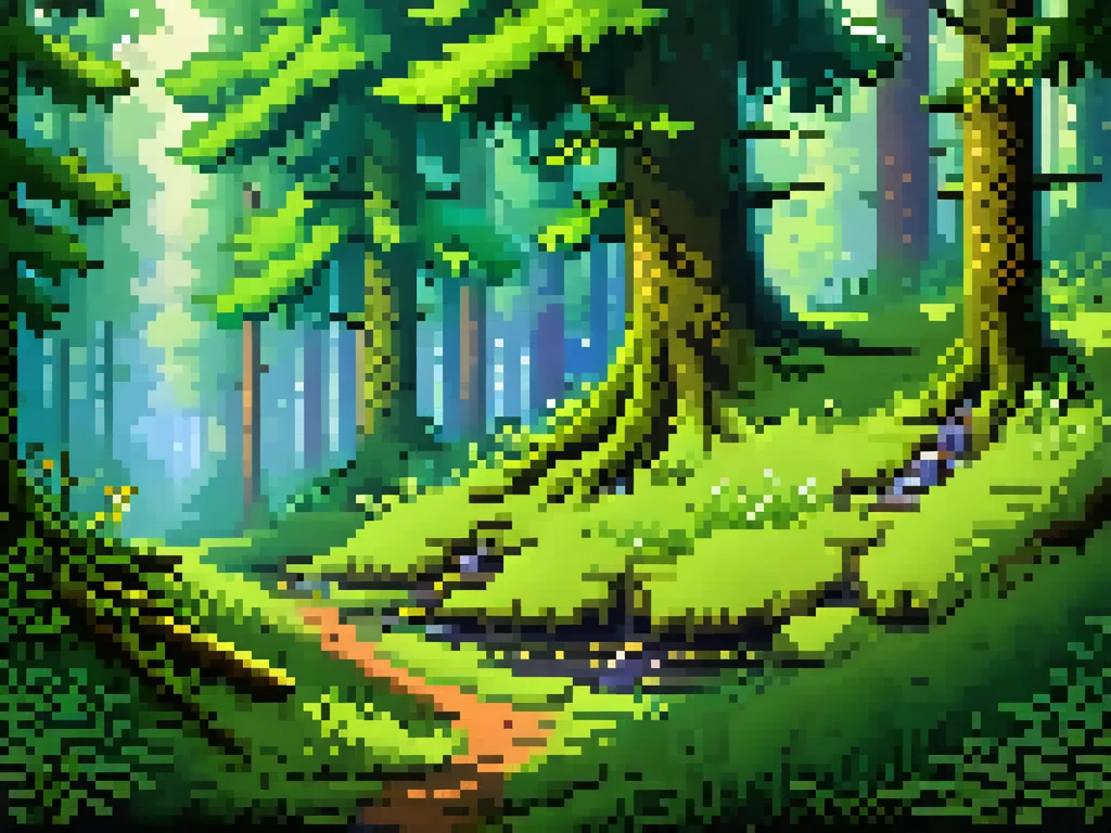 Create a detailed background image in SNES-style pixel art to represent a wild and untamed forest. The scene should match the previously described forest icon, showcasing a dense forest with vibrant green trees and leafy canopies. Include details like a winding, shallow river or creek with shimmering blue water, reflecting sunlight breaking through the foliage. Scatter moss-covered rocks, wildflowers, and patches of tall grass around the forest floor. In the distance, add layers of trees fading into soft shades of green to give a sense of depth. The overall atmosphere should feel bright and lively, but with a hint of mystery, conveyed by darker shadows beneath the trees and faint signs of wildlife (e.g., glowing eyes or claw marks). Balance natural beauty with an underlying sense of danger, making it a fitting setting for a character interaction