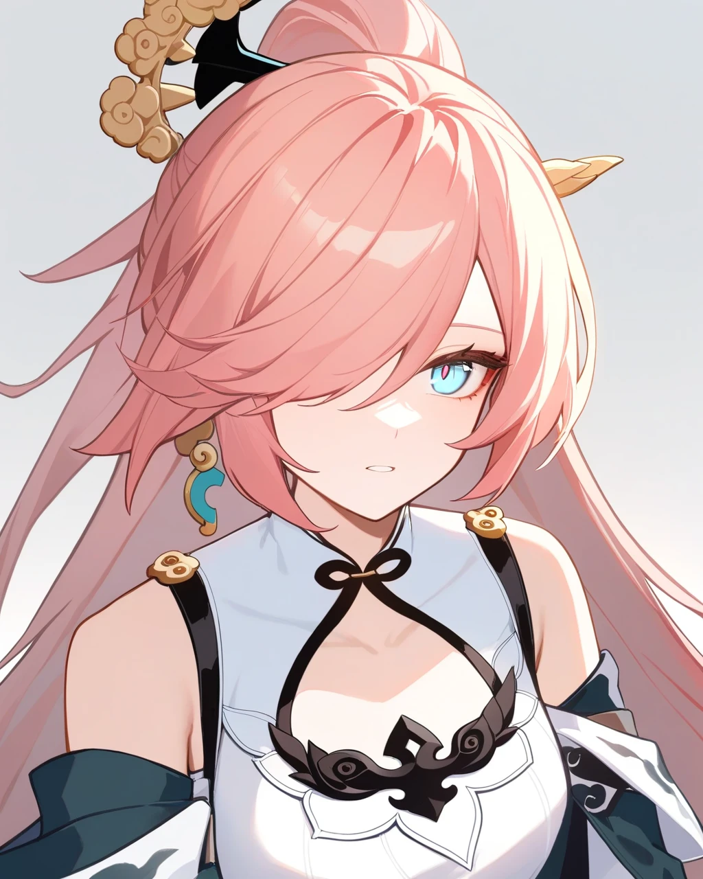  Masterpiece , Best Quality ,1 girl,Heap ,Heap  \(azure empyrea\), alone,earring,Bare shoulders,setจีน, highres icon,honkai \(set\),honkai impact 3rd,Look at the audience, simple background, white background ,Pink hair, horse face,White eyes