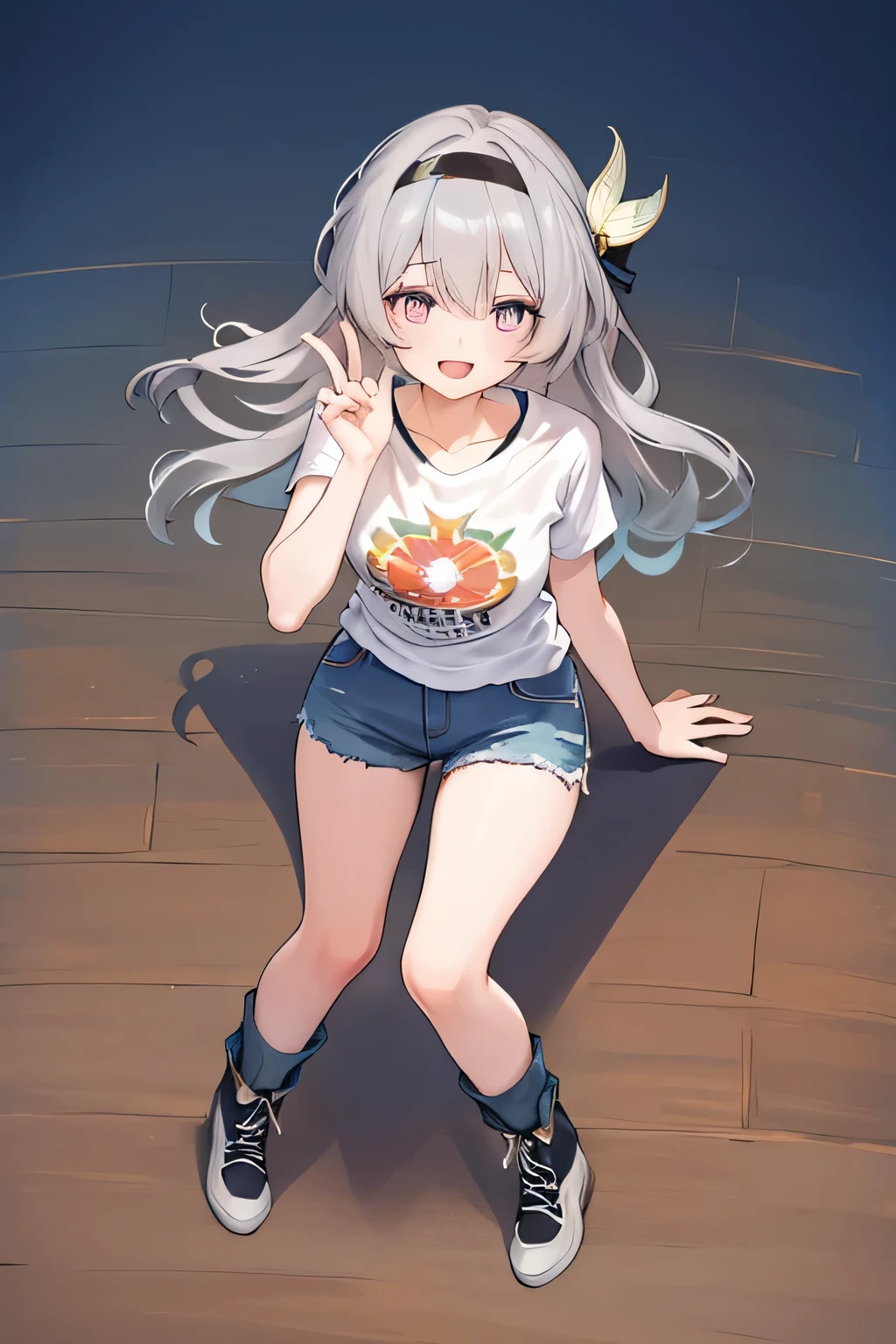 score_9, score_8_up, score_7_up, giant casino roulette, simple background, BREAK source_anime, BREAK (1girl, solo, solo focus), fireflydef, grey hair, long hair, tucked t-shirt, short denim shorts, happy, looking at viewer, double v, hair ornament, from above, canvas shoes, show full body