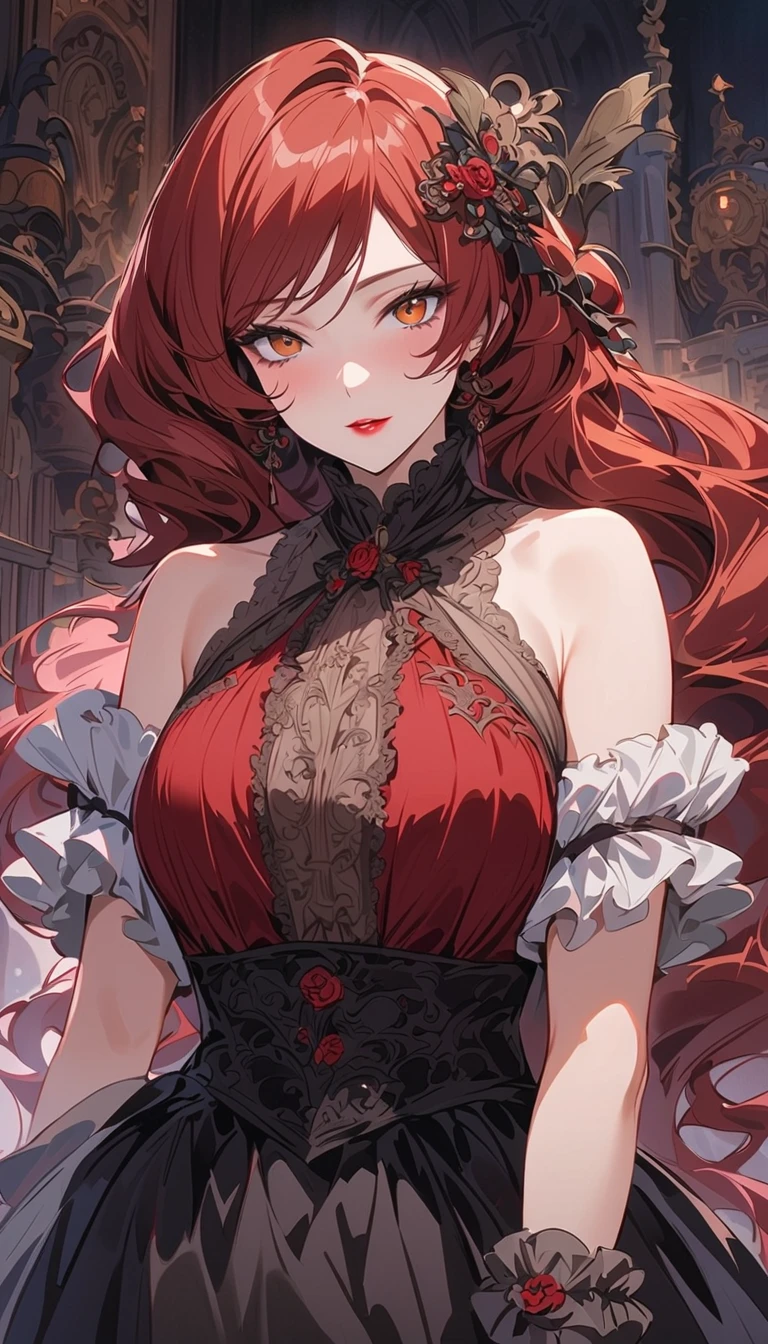 (masterpiece, top quality, very aesthetic, 4k、illustration), intricate detail, 1woman,solo,contrapposto 、(gradient eyes、tareme)、Strong glowing eyes、parted bangs,Fair skin,(upper body)、Cool women、Cleavage、 smile、(red lipstick),beautiful face、(gradient hair)、(red hair)、half updo,sidelock ,red eyes、halter top Victorian Dress、medium breasts、slender 、