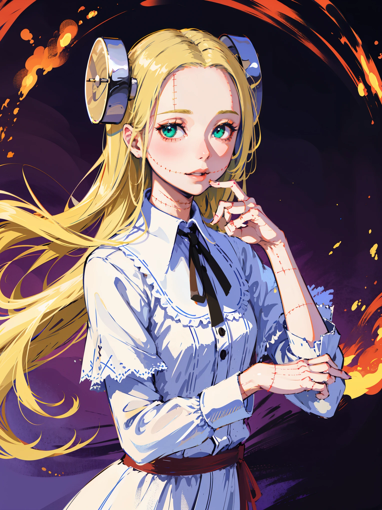 ((masterpiece, best quality)), (1girl), (solo), (female focus), (ash blonde hair, long hair, hair over one eye), green eyes, sad eyes, cold facial expression, cold look, pale skin, colour grading, dark illustration, extreme quality, radiant, extremely detailed, ultra-detailed face, ultra hd 8k, ultra digitality, mythical, dark lightning, perfect face, beautiful, (perfect composition: 1. 4), detailed face and body, award-winning photography , fields, detailed face, detailed hands, looking at the viewer, cinematic lighting, embers, (necromancer), (villain), (masterpiece, best quality, ultra-detailed, best shadow), (beautiful detailed face, feminine features), (best illumination), ((cinematic light)), colorful, hyper detail, dramatic light, intricate details, (dark circle under eyes), gothic, decadence, stunning, eerie, (madaraki fran)