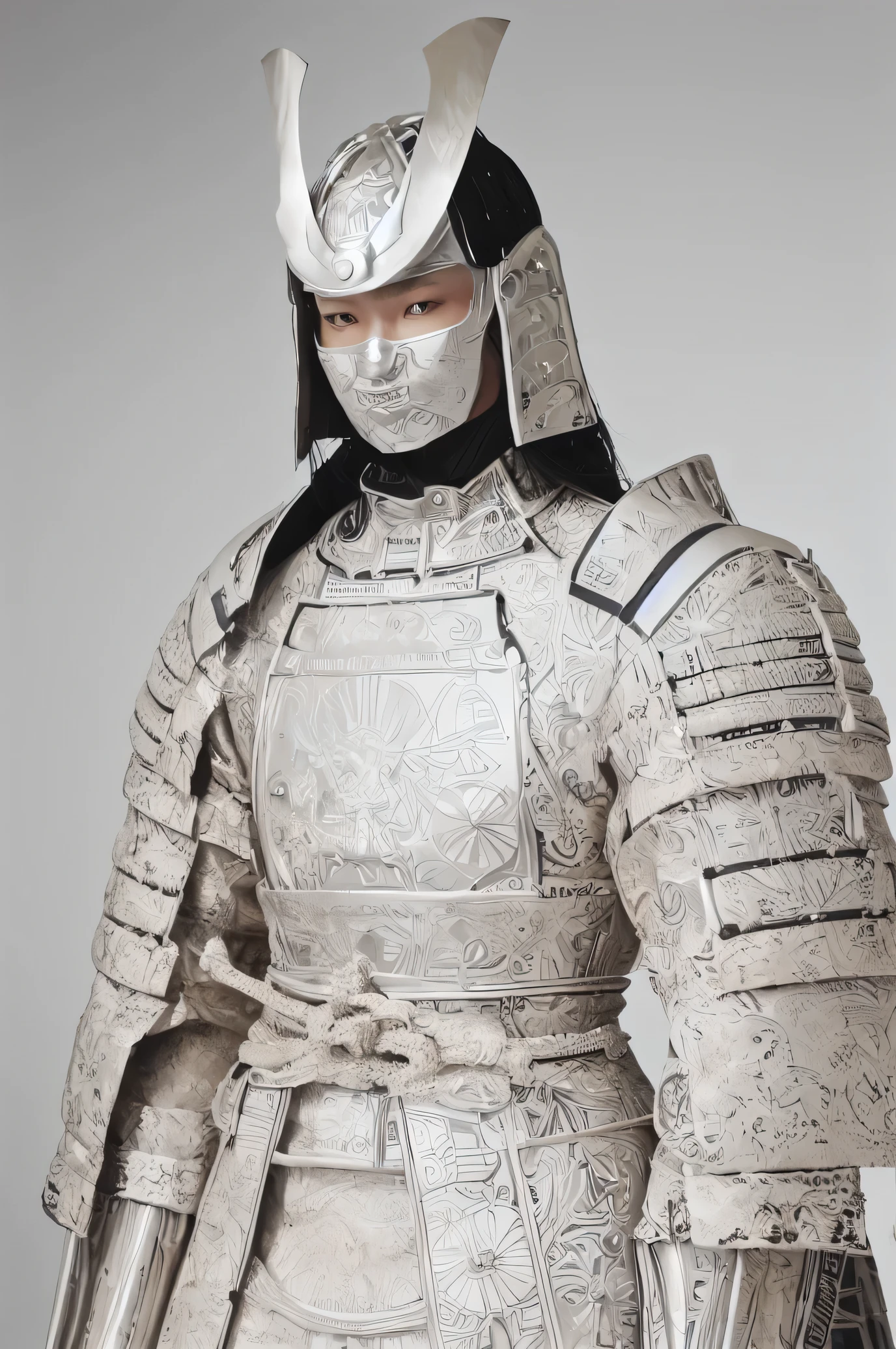 A hyper-realistic, highly detailed, and high-resolution (16k) image of a striking Western man wearing a cutting-edge, fashionable Japanese samurai armor (yoroi). The samurai armor combines traditional elements with avant-garde, futuristic designs, creating a balance of cultural heritage and modern innovation. 

The man stands upright in a rigid, commanding pose, looking directly at the viewer with a calm yet intense expression. His chiseled facial features and confident gaze evoke strength and poise, making him appear like a high-fashion model.

Key details include:
- The armor features sleek, angular lamellar plates and sode (shoulder guards) reimagined with metallic textures and sharp, modern lines.
- The color palette is monochromatic with gradients of black, gray, and silver, accented by subtle glowing edges and intricate engravings.
- The kabuto (helmet) is minimalist yet bold, adorned with a unique, futuristic maedate (crest) symbolizing strength and elegance.
- The haidate (thigh guard) and kusazuri (tassets) flow seamlessly, resembling tailored high-fashion pieces while retaining the essence of traditional samurai attire.
- The overall design emphasizes a form-fitting silhouette, blending functionality and artistry, with faint reflective surfaces catching the light.

The background is pure white, minimalist, and clean, allowing the man and his avant-garde samurai armor to stand out as the focal point. Studio-quality lighting highlights the textures, engravings, and sleek lines of the armor, creating a powerful and refined visual impact. The atmosphere exudes sophistication, blending samurai tradition with cutting-edge fashion design.
