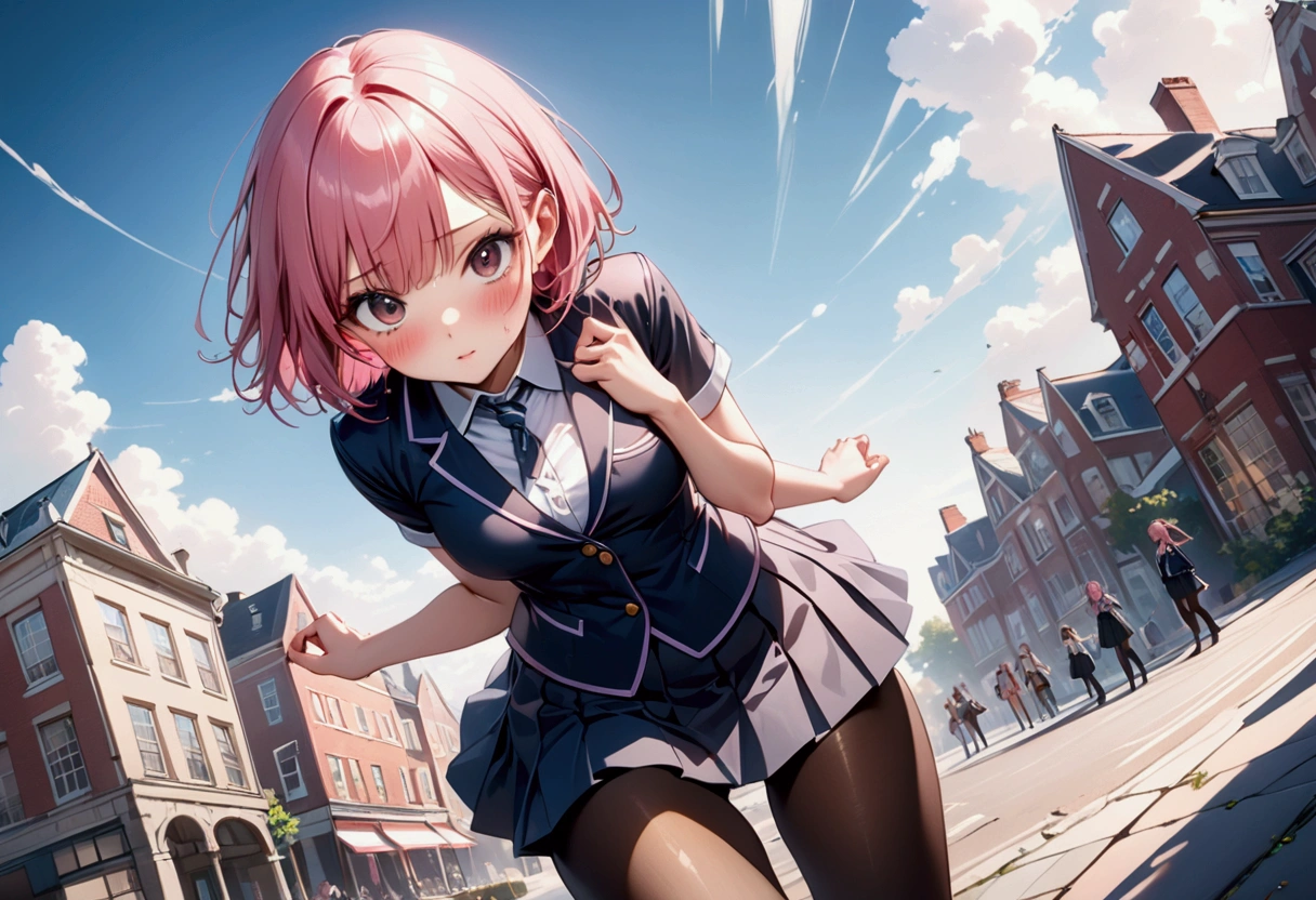 Top quality, masterpiece, 8K超High resolution, Highest quality, Super detailed, Awards:1.2, anatomy Perfect:1.2, (whole body), front, Symmetric, Mature schoolgirl, alone, (whole body from head to toe), Small breasts, ((hmkanon, Very beautiful bright pink very short hair, Antenna Hair, hair bow, Beautiful pink eyes:1.2)), cute, Enchanting, smile, Blushing, cry, Puzzled, A guilty look, sad, confusion, BREAK (black tights), ((Black Pantyhose)), Black Pantyhose, (composition where she is made to sit and lift her foot and make her foot open), (Put your arms behind your back), composition Showing white panties, slender beautiful foot, Very beautiful 20 year old girl (No shoes) foot), Blushing, Shy big eyes, looking at the camera, High School Uniform Blazer, High school uniform white blouse, High school with blue ribbon, High length with short check pattern and navy pleated skirt