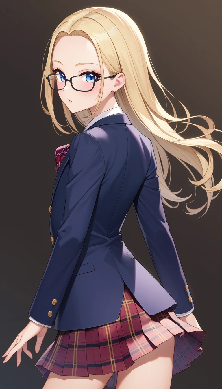 score_9, score_8_up, score_7_up,quality_masterpiece, quality_best,rating_safe,source_anime,BREAK,
skinny,flat chested,(forehead,all back hair,short hair:1.3),blonde hair,(blue eyes),(black nodoka glasses),thin eyebrows, false eyelashes,BREAK,
 ((dark blue blazer, tartan check skirt)),
hands on hips,standing, legs apart,half-smile