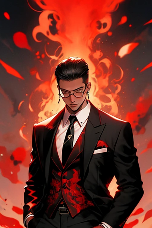 (red theme, red gradient,:1.2) redshift,red, looking at viewer, short hair, open mouth, shirt, black hair, long sleeves, 1girl, jacket, yellow eyes, white shirt, upper body, flower, female focus, necktie, collared shirt, vest, coat, glowing, rose, formal, suit, red flower, glowing eyes, black necktie, hand in pocket, black vest, red rose, hands in pockets, black suit  Make a man with white skin color, he will be 1.80 m tall, your hair is white, your hair has one fringe falling forward and the other fringe is combed back, ele tem piercing na boca e no nariz, on your face, gray glasses with transparent rectangular lenses, in his left ear he has 3 earrings, he wears an all black suit with thin gray stripes, and wears a white tie inside just a suit, He also wears black gloves, at his waist a black belt with a buckle in the shape of a cross, on his left hand a black watch, and on the upper part of his right arm a belt tied to the biceps, He wears a black holster with two guns on his torso, your pants are black with black shoes 