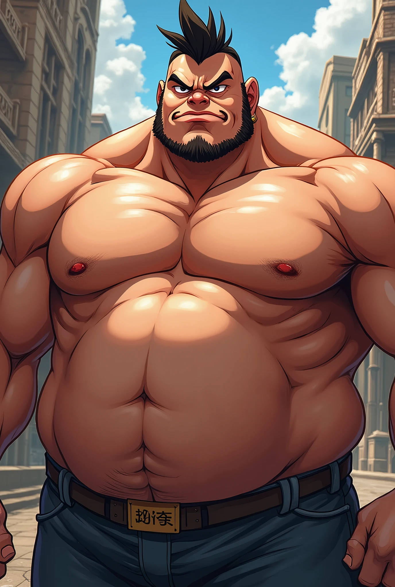 side view of a male ,, muscular gorilla, hairy body, naked, (hyper muscular:1.1), big arms, big pecs, nipple, sweating, big penis, veiny, steamy, dirty , on a street.