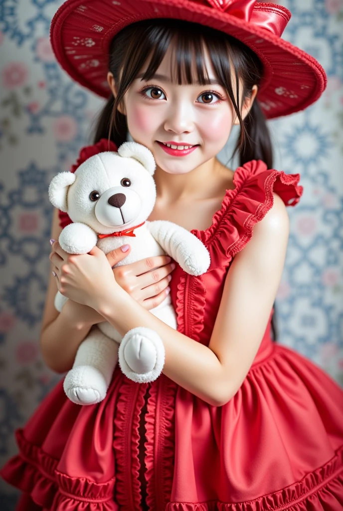 A woman in a red sexy dress and hat is holding a white teddy bear, embarrassed smile:1.3、 Album cover inspired by Fujiwara Takanobu, Tumbler, Renaissance,  Lolita Style ,  Lolita Fashion, Loli Dress, rococo ruffle dress, , Ruffled Costume, victorian gothic  Lolita Fashion,  romantic dress, Pale red, Fairy Core,  Maid Dress