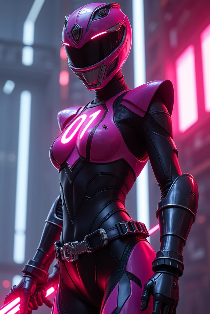 somber portrait of Pink Lightspeed Rescue Ranger from Power Rangers, with intricate angular cybernetic implants inside a brutalist building, gothic brutalist cathedral, cyberpunk, award-winning photo, bokeh, neon lights, cybernetic limb
