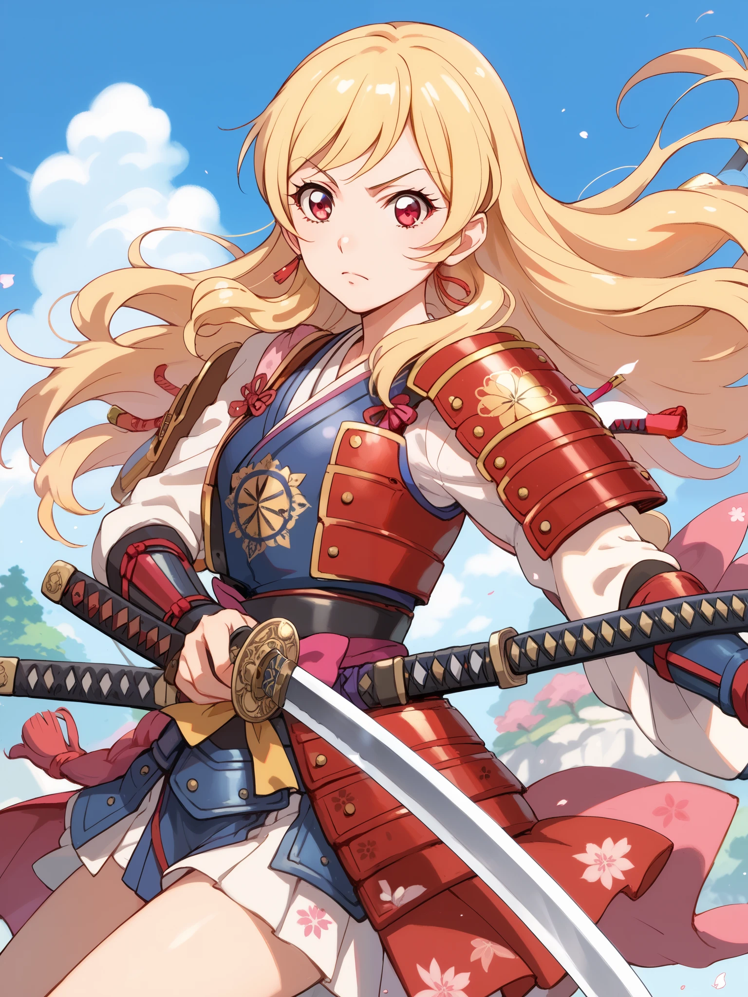 a drawing of a woman with long hair that looks like a samurai, 1girl, solo, weapon, sword, long hair, katana, Blonde hair, armor,Samurai girl,Ichigo Hoshimiya (Aikatsu!),samurai,RED eyes