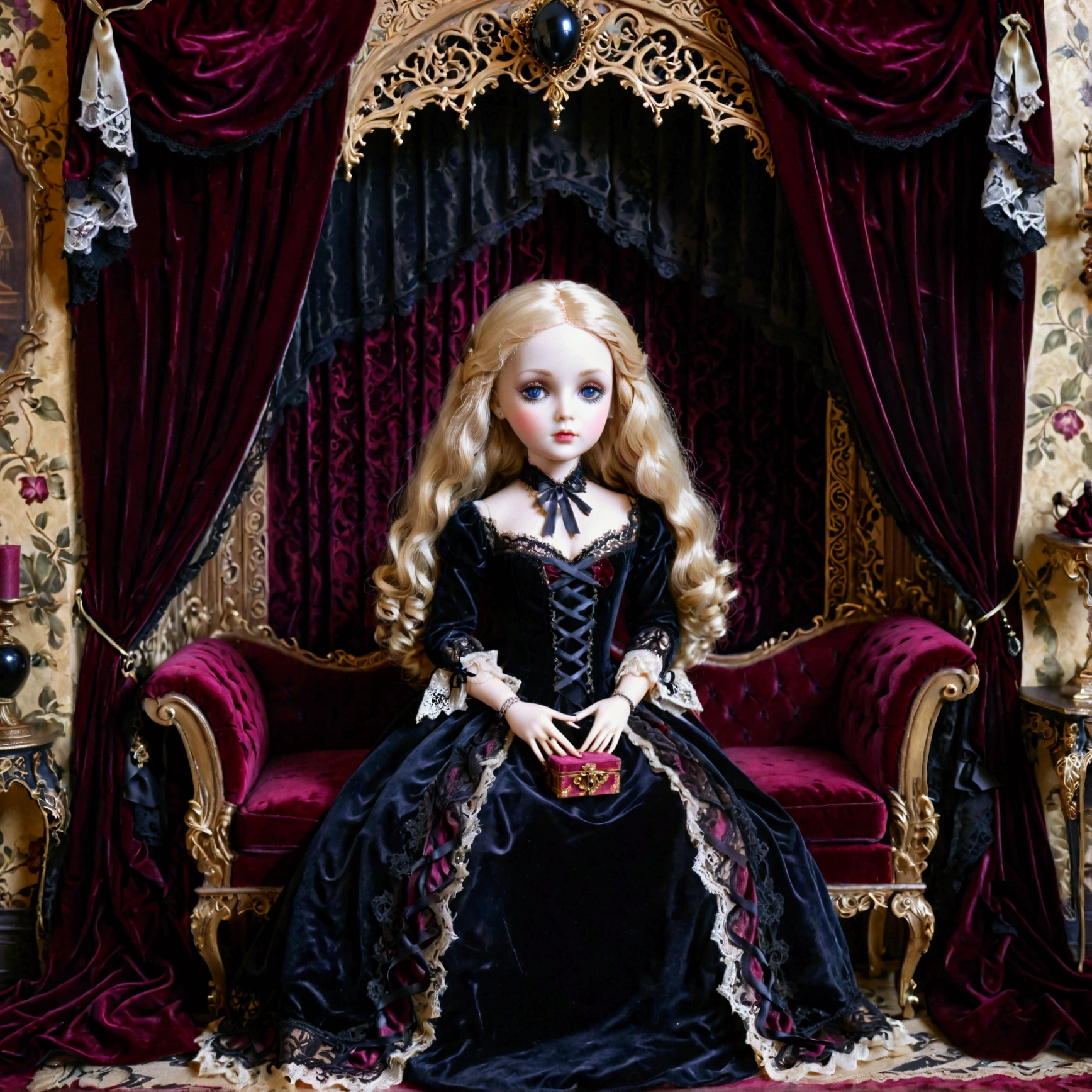 A gothic-style illustration of an opened box in a vintage European-style room, revealing a delicate bisque doll in the form of a blonde-haired girl. The doll is dressed in an intricate, black and burgundy Gothic outfit adorned with lace and ribbons, with porcelain skin and glassy, lifelike eyes that exude elegance and mystery. The opened box is lined with luxurious velvet, and the soft lighting of the room highlights the doll's fine craftsmanship. The background features ornate furniture, heavy drapes, and a faintly eerie ambiance, adding to the gothic aesthetic. The overall atmosphere is elegant yet slightly haunting, (gothic style, bisque doll, blonde-haired girl, opened box, vintage European room, intricate outfit, black, burgundy, lace, ribbons, porcelain skin, lifelike eyes, luxurious velvet, ornate furniture, heavy drapes, eerie ambiance, soft lighting, elegant, mysterious)