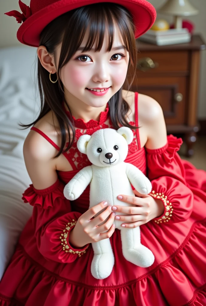 18 years old、A woman in a red sexy dress and hat is holding a white teddy bear, embarrassed smile:1.3、 Album cover inspired by Fujiwara Takanobu, Tumbler, Renaissance,  Lolita Style ,  Lolita Fashion, Loli Dress, rococo ruffle dress, , Ruffled Costume, victorian gothic  Lolita Fashion,  romantic dress, Pale red, Fairy Core,  Maid Dress