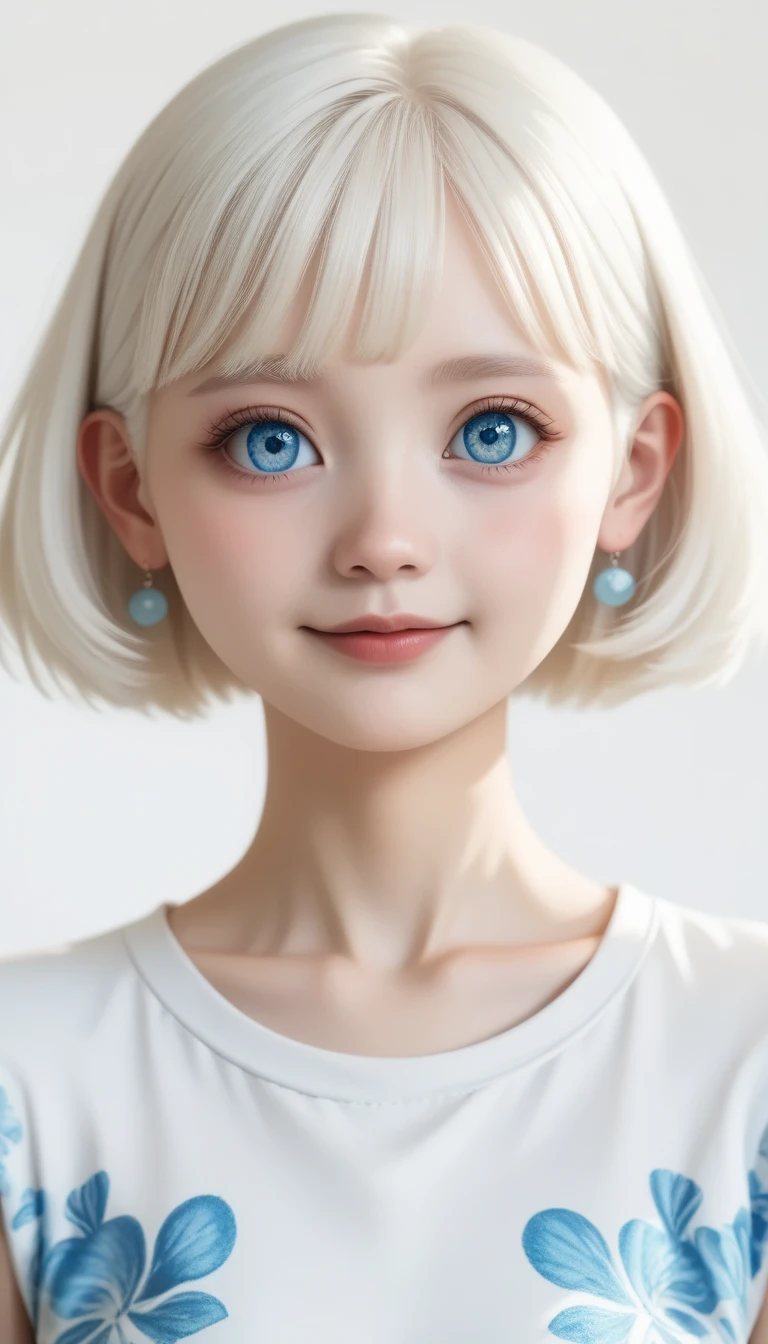  top quality、  masterpiece  、超 high definition 、８ｋ、 Portraits、 Film Grain 、(((white background :1.3)))、Upper body angle、((( 1 Albino Girl 、 cute face、 cute girl))),,(((small beautiful eyes、Light blue eyes )))、 white dress、(( white shirt:1.3、 White Block Dress)), tyndall effect,  realistic , Shadow Studio ,Ultramarine、illumination, Dual tone illumination, ( detailed skin: 1.2)、薄Dark illumination、Dark illumination、   Photos ,  high definition , 4K, 8k,  Blurred Background, beautiful fade out 、White World、white background 