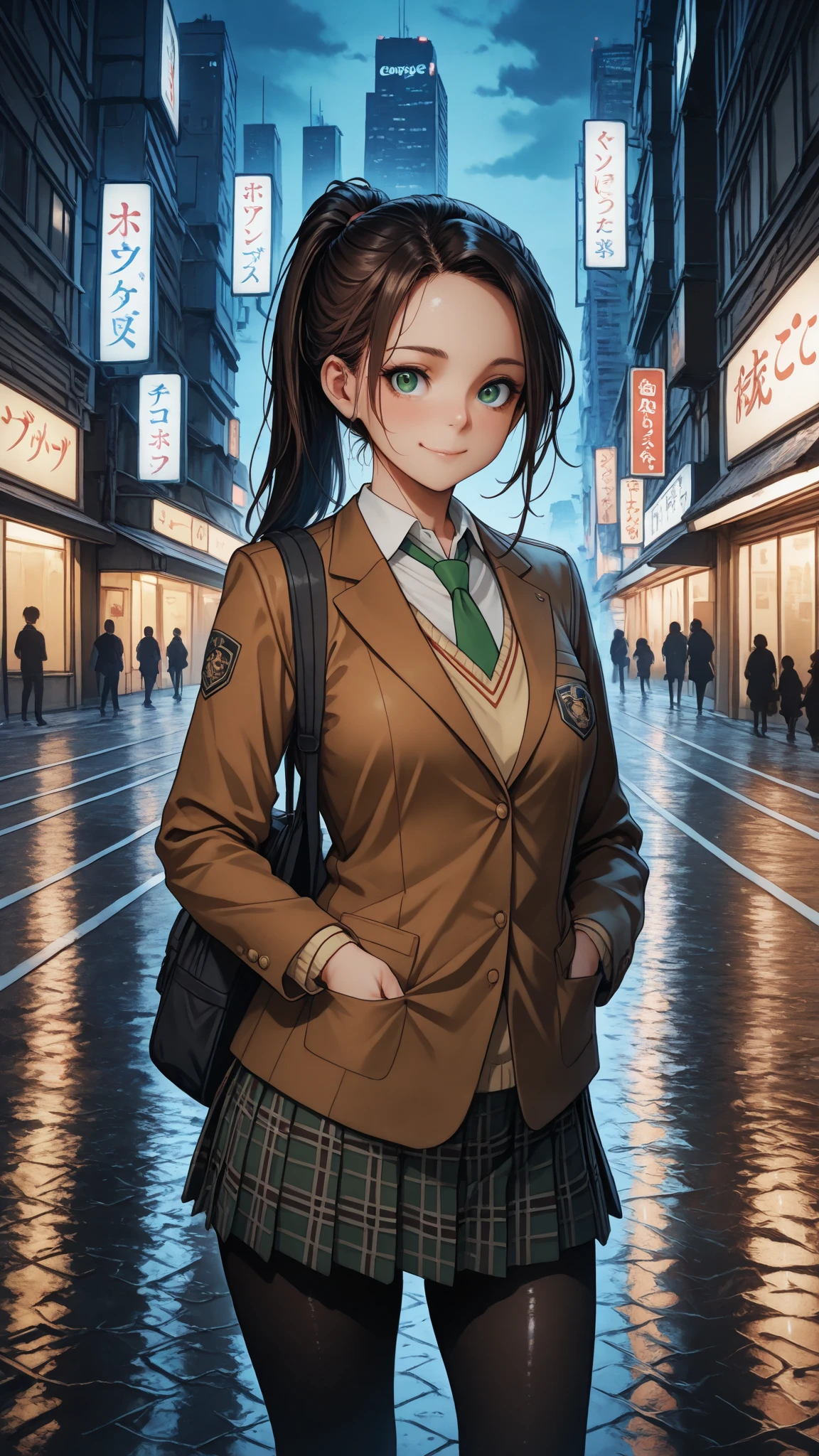 nsfw, masterpiece, best quality,amazing quality, semi-realistic detailed CG, ultra-detailed,Sharp Focus, high contrast, 1girl, detailed green eyes, slightly smile, detailed semi-long hair, dark brown silky hair,  forehead, sliced back hair, side ponytail, contrapposto, Captivating thighs, uniform, brown blazers, (hads in pocket, unbutton), Green tie, Plaid Pleated Skirt, black tights, rainy cyber city, at night