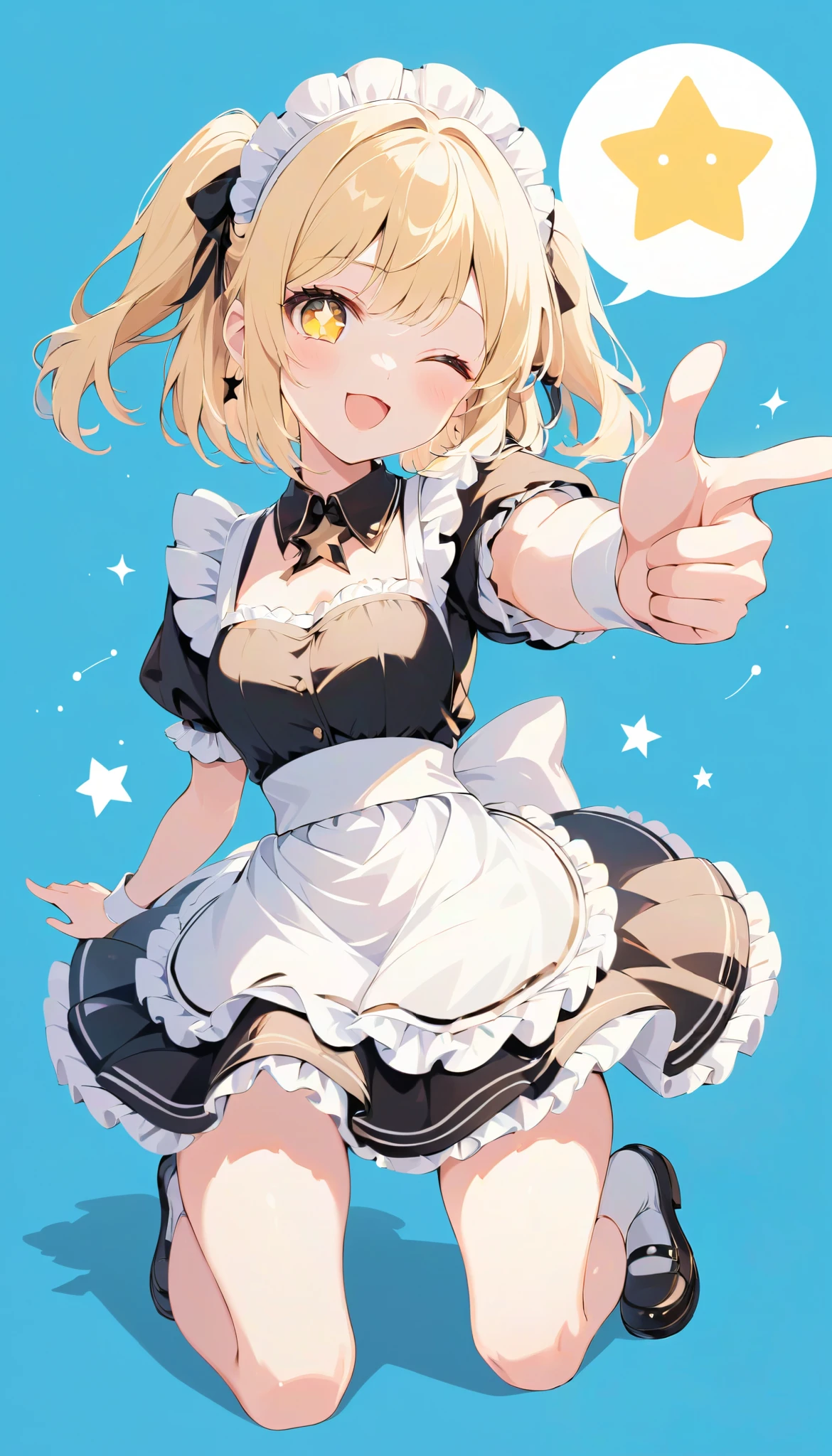  high definition ,  medium chest , Finger gun, reaching towards viewer, happy, on one knee, one eye closed, blonde hair, two side up, star-shaped pupils, star-shaped pupils, spoken bang,  eyes symbol ,  cute background,  anime style, whole body, maid