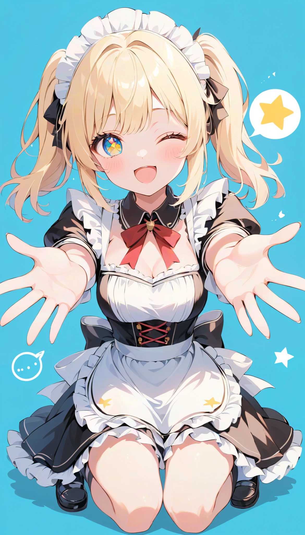  high definition ,  medium chest , Finger gun, reaching towards viewer, happy, on one knee, one eye closed, blonde hair, two side up, star-shaped pupils, star-shaped pupils, spoken bang,  eyes symbol ,  cute background,  anime style, whole body, maid