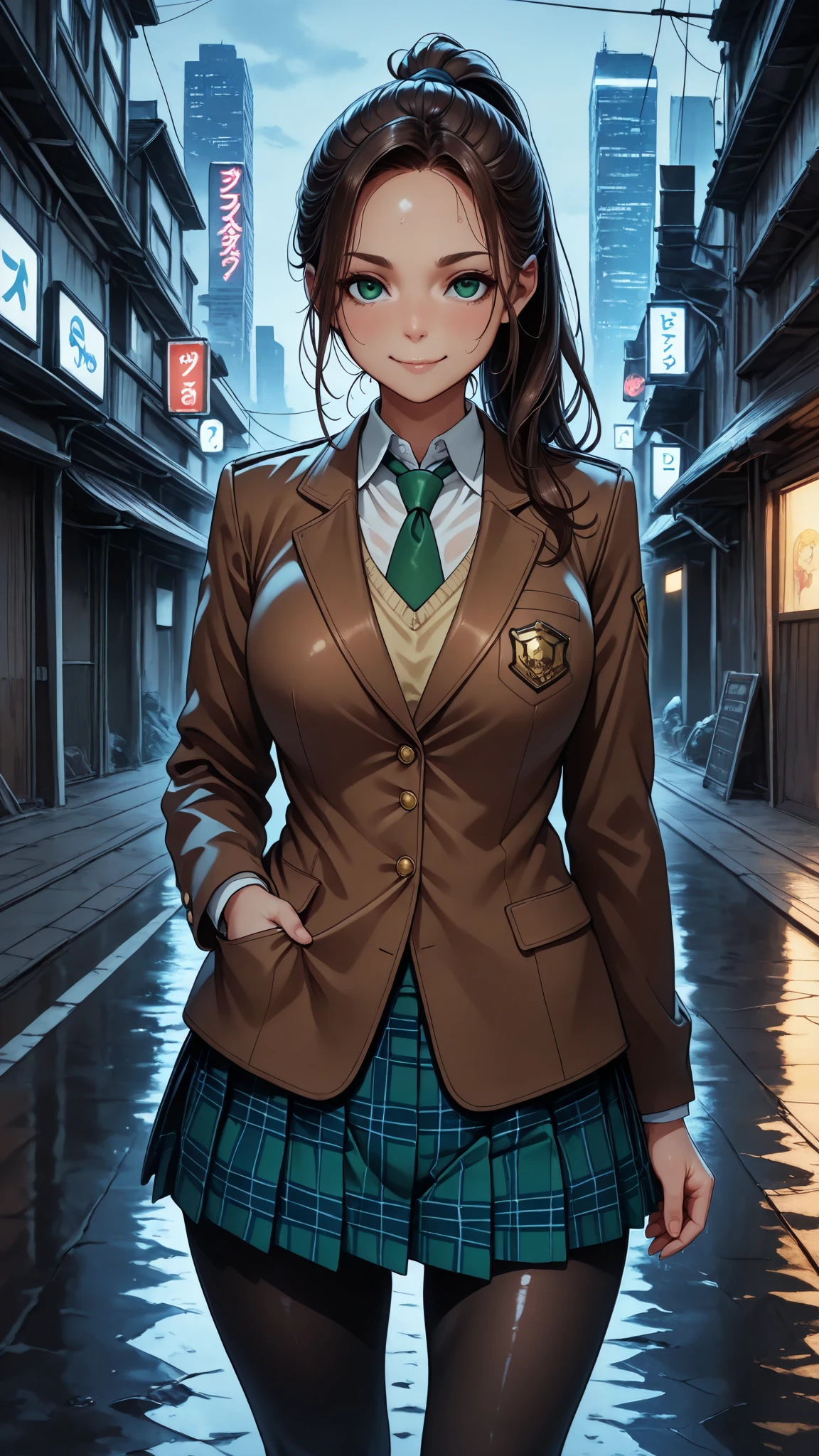 nsfw, masterpiece, best quality,amazing quality, semi-realistic detailed CG, ultra-detailed,Sharp Focus, high contrast, 1girl, detailed green eyes, slightly smile, detailed semi-long hair, dark brown silky hair,  forehead, sliced back hair, side ponytail, contrapposto, Captivating thighs, uniform, brown blazers, (hads in pocket, unbutton), Green tie, Plaid Pleated Skirt, black tights, rainy cyber city, at night