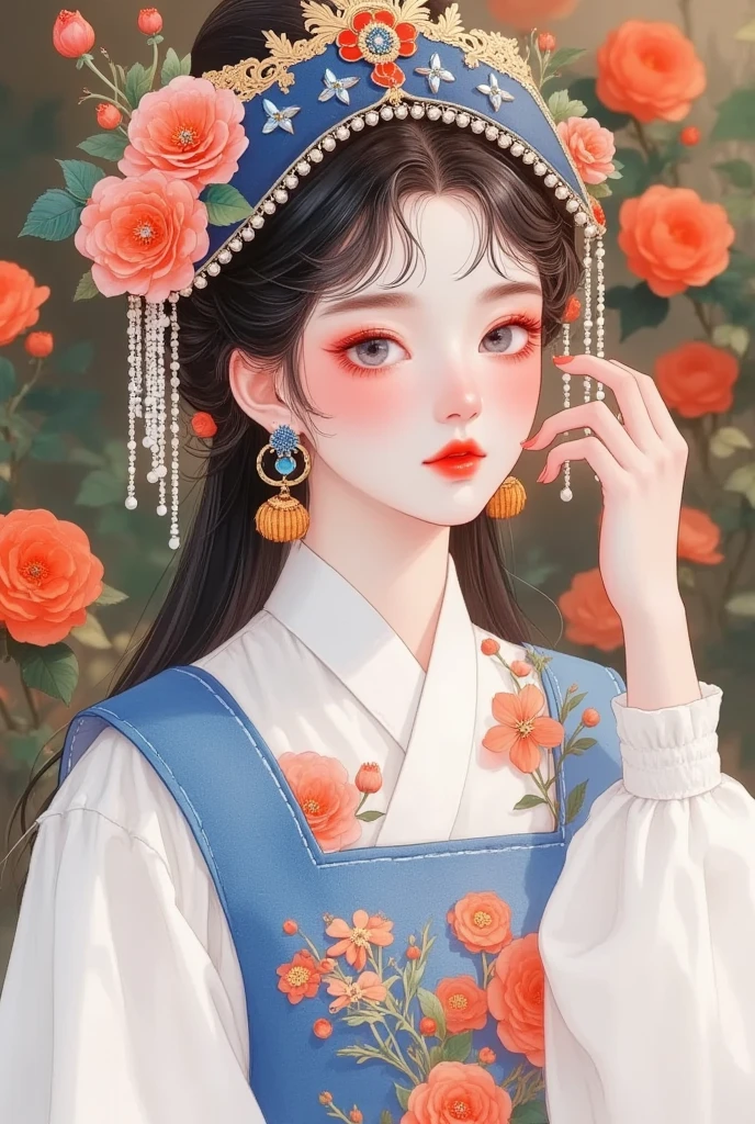 Close-up of a woman wearing a blue and red headdress,  traditional Chinese , palace ，  girl in Hanfu, ancient Chinese Princess, Chinese,  Ancient Chinese Art Style ,  beautiful fantasy queen , traditional beauty, Hanfu, Chinese Princess, The Queen of China , Peking Opera,   Ancient Chinese Beauty,  traditional Chinese  clothing,   A matte painting with ancient Chinese aesthetics 