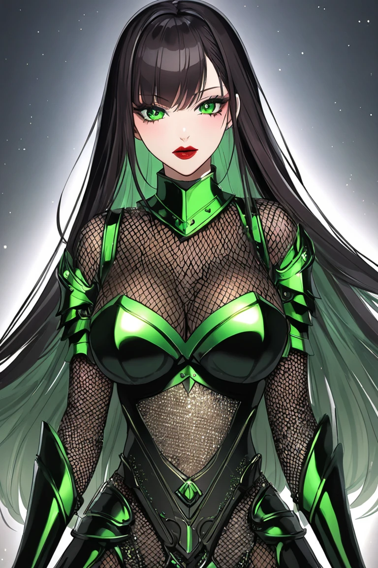 Anime, only (lady in fishnet bodysuit with chainmail on the breast and the bottom)
(Suit of armor, two piece armor over the fishnet bodysuit and chainmeal )
(Breast size cup 33 d )
(skin color brown) 
(Black Hair, braided long French braid,)
(Weapon sword of Excalibur legendary sword,)
(Age 19 body type hourglass ) (color, armor, red, )
(and silver with onyx trim designs)
(Eyeliner, black eyeshadow, dark, green glitter, lipstick green, glossy)
(no capes)
(Eye color, hazel)