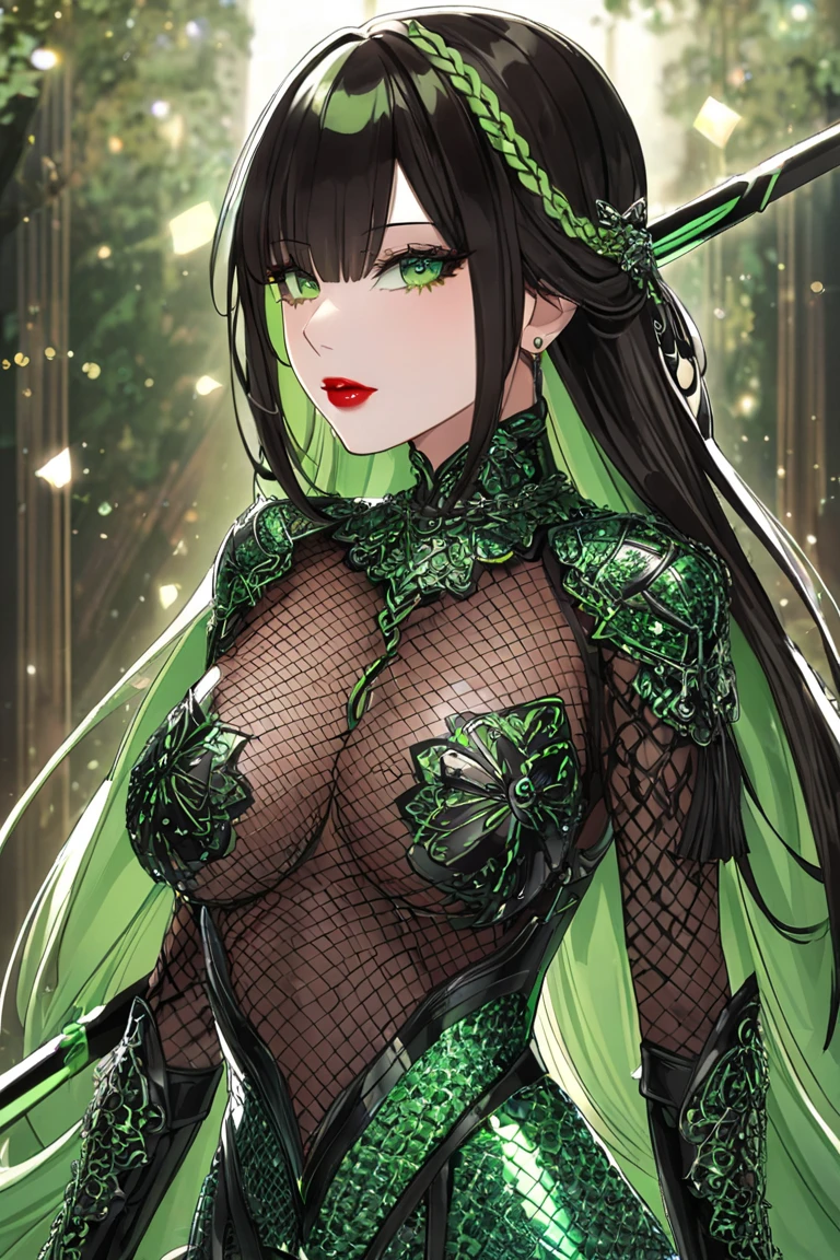 Anime, only (lady in fishnet bodysuit with chainmail on the breast and the bottom)
(Suit of armor, two piece armor over the fishnet bodysuit and chainmeal )
(Breast size cup 33 d )
(skin color brown) 
(Black Hair, braided long French braid,)
(Weapon sword of Excalibur legendary sword,)
(Age 19 body type hourglass ) (color, armor, red, )
(and silver with onyx trim designs)
(Eyeliner, black eyeshadow, dark, green glitter, lipstick green, glossy)
(no capes)
(Eye color, hazel)