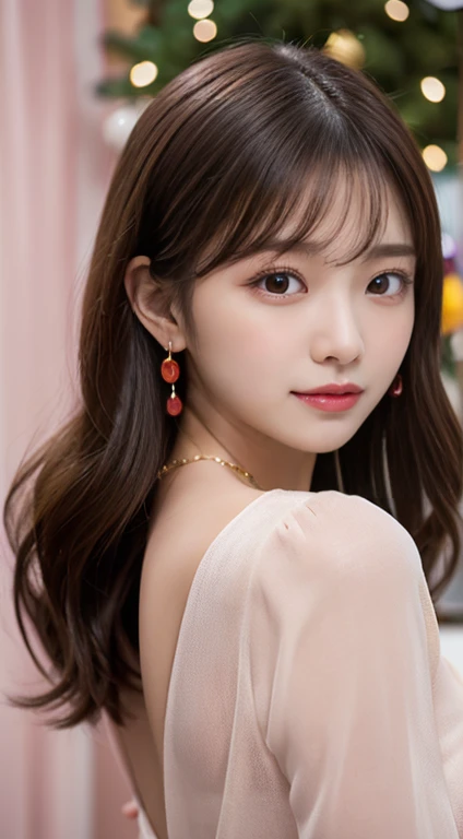 1 girl, national foundation, ((8k, raw, masterpiece: 1.5)), (Professional photography, sharp:1.2), Perfect dynamic composition, (Natural sun light), (soft shadow), (Perfect body:1.4), (((skinny figure))), ((huge round breasts: 1.35)), (((((medium long hair,bangs))))), Ultra-detailed faces and skin, perfect asian, White skin, (Delicate skin:1.4), (latex skin:0.4), (perfect glowing skin:0.6), light brown eyes, beautiful eyes, round eyes, pretty face, blush, glossy lips, ((plump lips)), glossy eyes, Really moist skin, looking at camera, Elegant pearl necklace, Elegant earrings, minimalist, (((red shirtdress)))