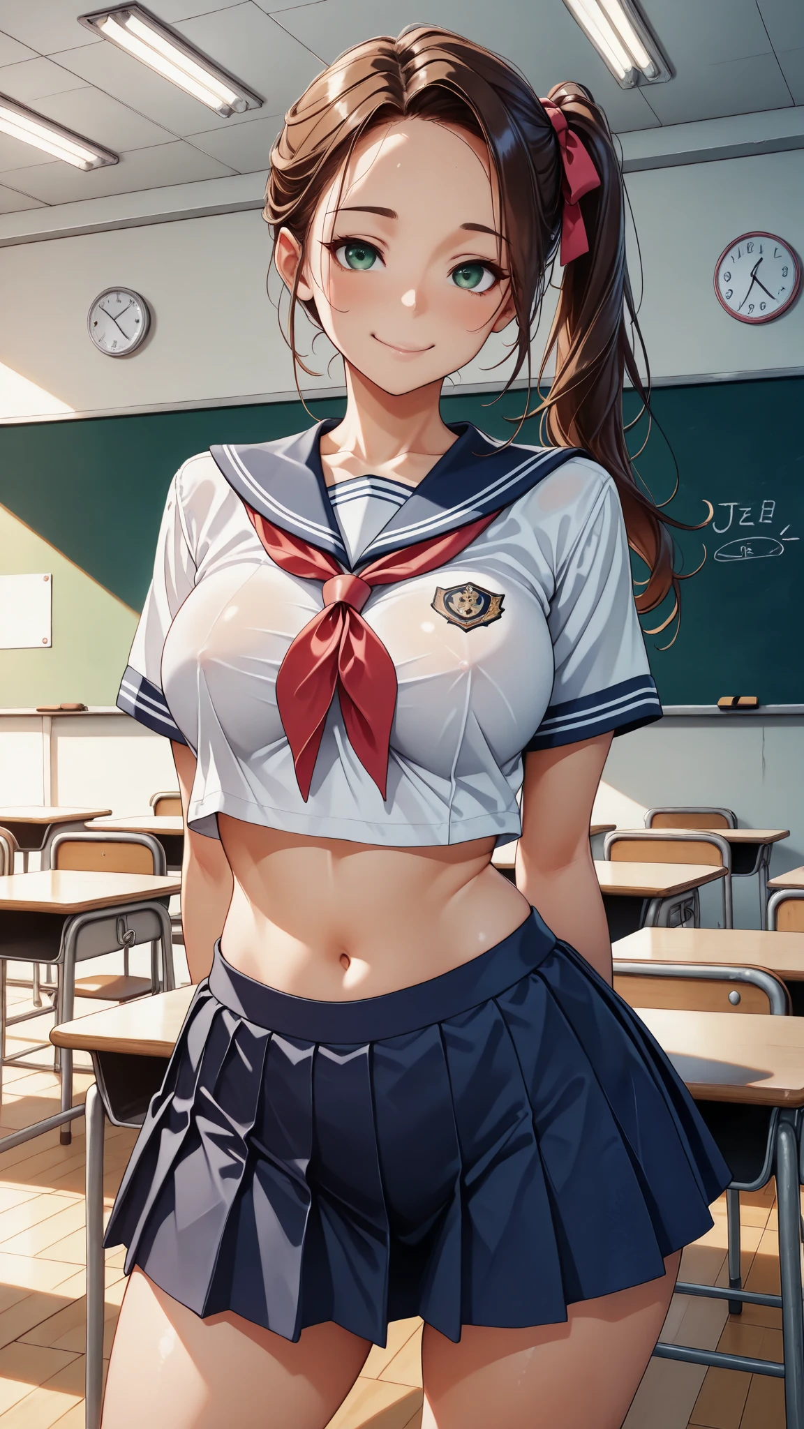 nsfw, masterpiece, best quality,amazing quality, semi-realistic detailed CG, ultra-detailed, Sharp Focus, 1lady, JK, detailed face, detailed green eyes, slightly smile, detailed semi-long hair, dark brown silky hair, forehead, sliced back hair, side ponytail, contrapposto, hands behind back, navel, Captivating thighs, knee, classroom, (sheer crop top white shirt), sailor suit, pleated skirt, red ribbon tie