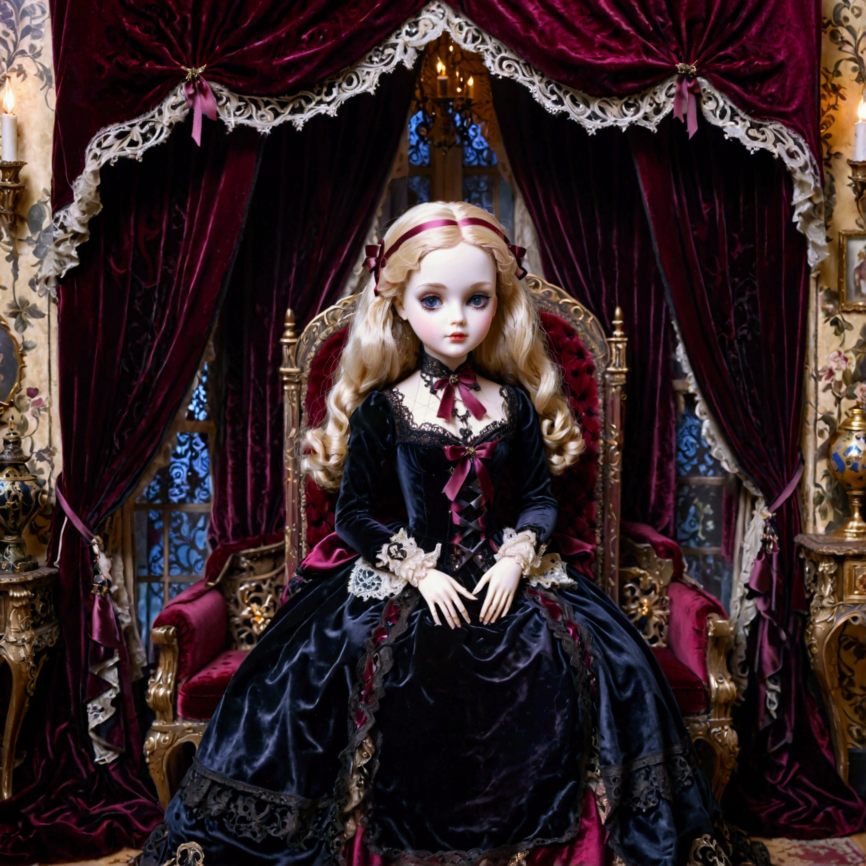 among one of a box, gothic-style illustration of an opened box in a vintage European-style room, revealing a delicate bisque doll in the form of a blonde-haired girl. The doll is dressed in an intricate, black and burgundy Gothic outfit adorned with lace and ribbons, with porcelain skin and glassy, lifelike eyes that exude elegance and mystery. The opened box is lined with luxurious velvet, and the soft lighting of the room highlights the doll's fine craftsmanship. The background features ornate furniture, heavy drapes, and a faintly eerie ambiance, adding to the gothic aesthetic. The overall atmosphere is elegant yet slightly haunting, (gothic style, bisque doll, blonde-haired girl, opened box, vintage European room, intricate outfit, black, burgundy, lace, ribbons, porcelain skin, lifelike eyes, luxurious velvet, ornate furniture, heavy drapes, eerie ambiance, soft lighting, elegant, mysterious)