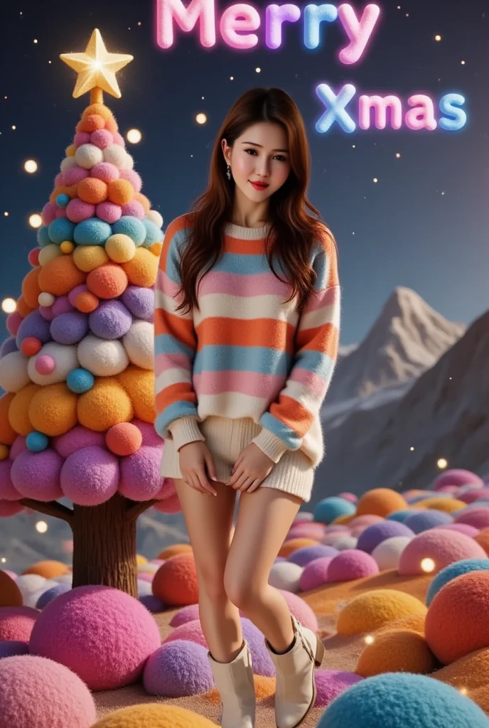 Highly detailed, photorealistic portrait of a joyful woman standing atop a vibrant, multi-colored Christmas tree with intricate patterns, adorned with a shimmering star. Lisamy wears a warm, striped sweater, crisp white boots, and has luscious, dark hair cascading down. Her beaming smile and sparkling eyes are directed at the camera, tiny white stars, a bold, festive "Merry Xmas & HAPPY NEW YEAR 2025" text shines above the tree, capturing the essence of a magical holiday season.