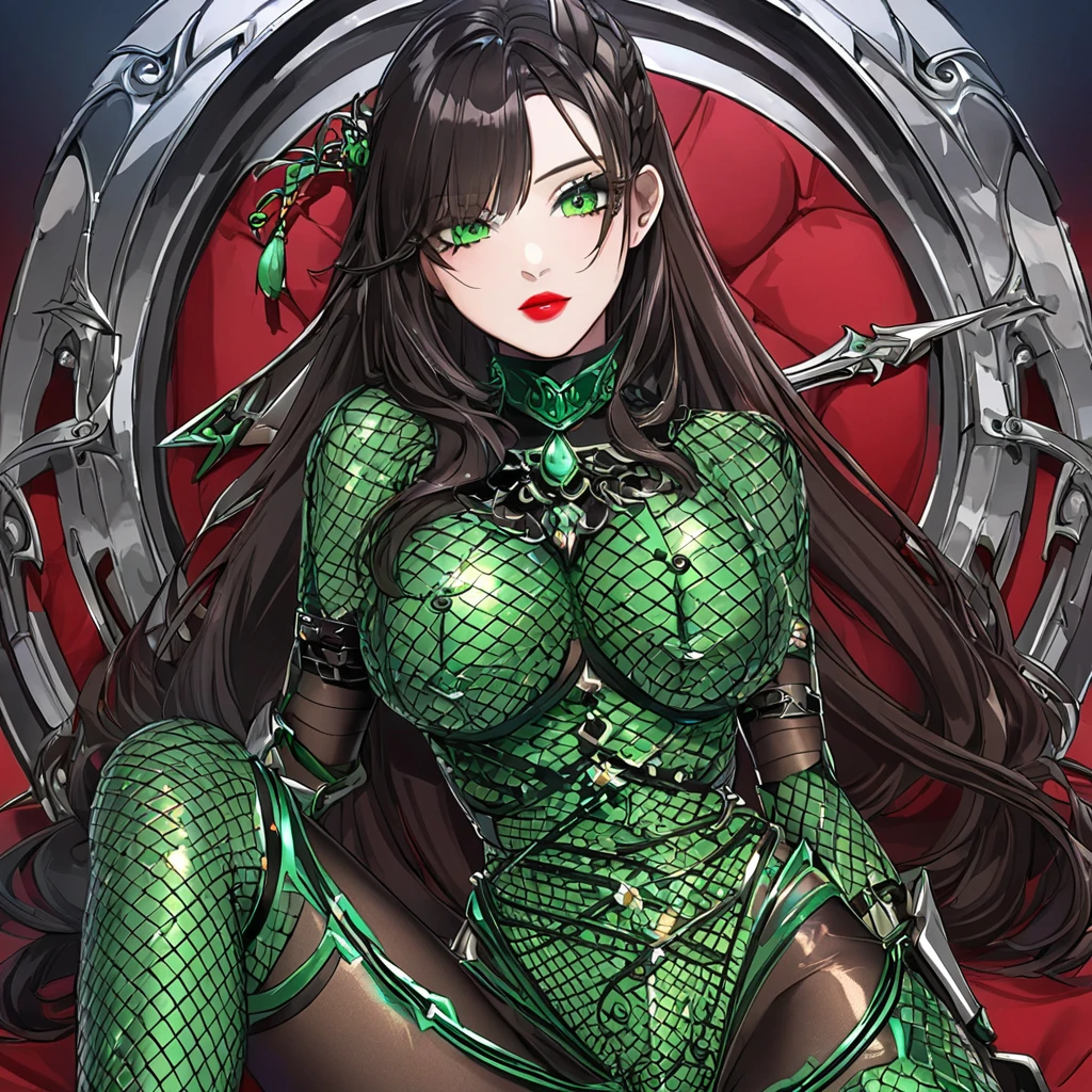 Anime, only (lady in fishnet bodysuit with chainmail on the breast and the bottom)
(Suit of armor, two piece armor over the fishnet bodysuit and chainmeal )
(Breast size cup 33 d )
(skin color brown) 
(Black Hair, braided long French braid,)
(Weapon sword of Excalibur legendary sword,)
(Age 19 body type hourglass ) (color, armor, red, )
(and silver with onyx trim designs)
(Eyeliner, black eyeshadow, dark, green glitter, lipstick green, glossy)
(no capes)
(Eye color, hazel)