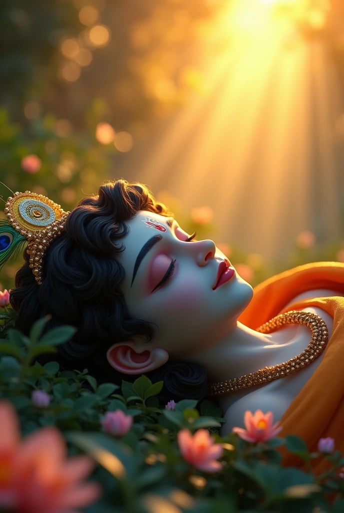 Here's a detailed image prompt for Lord Krishna sleeping in his temple:

"Create a serene scene of Lord Krishna peacefully sleeping in a temple. Krishna should be depicted lying on a soft, ornate bed with intricate golden patterns. His face should be calm and content, with a gentle smile, and his body adorned with delicate, traditional jewelry and a yellow silk dhoti. The temple surrounding him should be dimly lit with warm, soft lighting, casting a divine glow on Krishna. The background should include marble pillars, rich tapestries, and an altar with offerings of flowers and fruit. A peacock feather should rest near his head, and a flute should be placed close by, symbolizing his divine presence. The overall atmosphere should exude tranquility and reverence."