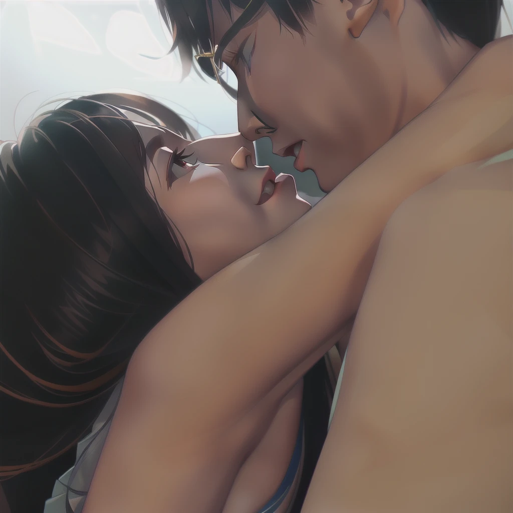 high quality, detailed, Realistic, (two 16 years old japanese boys), (detailed black eyes), (abs), (shiny skin), detailed nipples, black hair, (black tiny thong), (erected bulge), summer noon, close up face, laying, (sucking nipple:1.2),