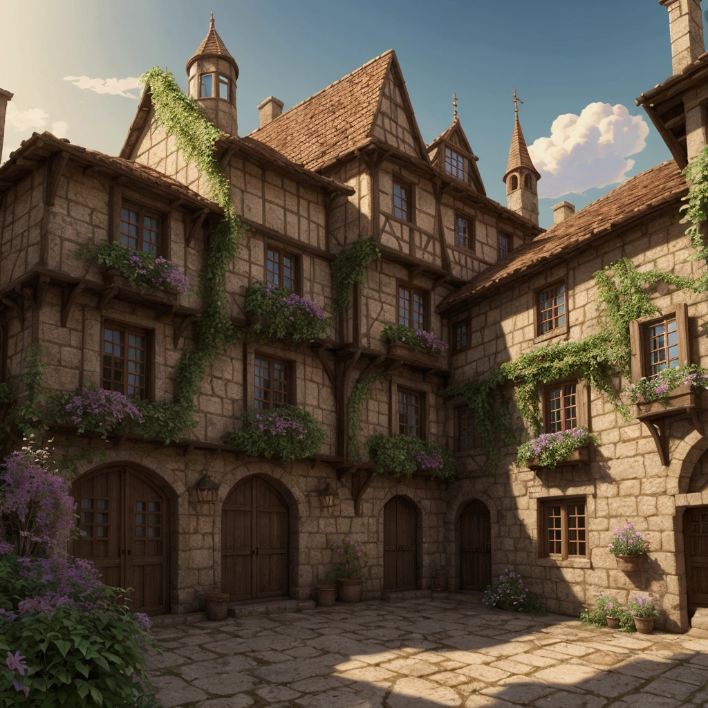 4k, realistic, very detailed, wide angle lens, moist medieval town, vibrant, fantastical plants, a big house, Makoto Shinkai style, anime background, concept art, (no characters appearing), realistic lighting, epic composition, diffuse, (masterpiece, best quality), super hd, 32k --v 6