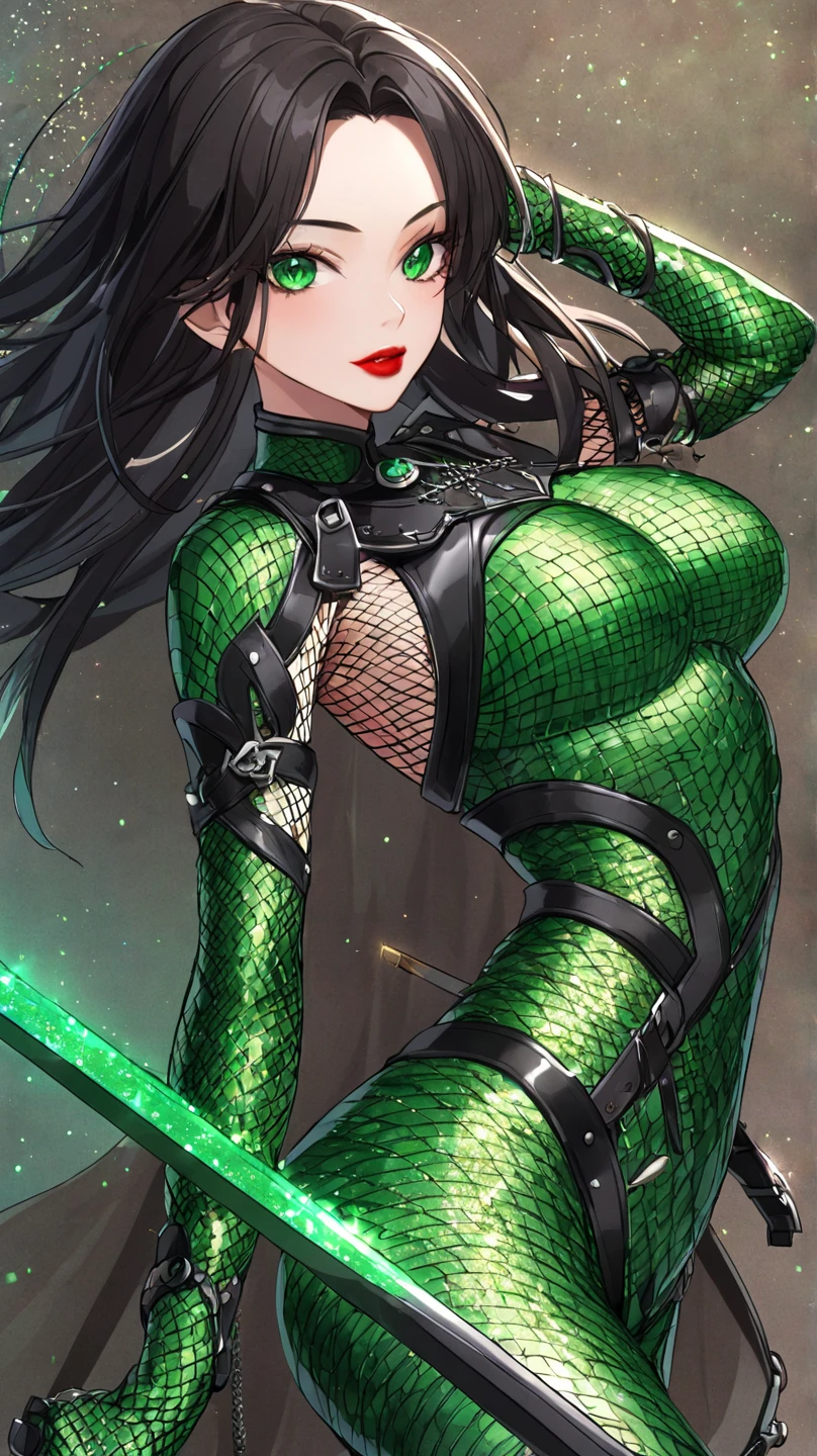 Anime, only (lady in fishnet bodysuit with chainmail on the breast and the bottom)
(Suit of armor, two piece armor over the fishnet bodysuit and chainmeal )
(Breast size cup 33 d )
(skin color brown) 
(Black Hair, braided long French braid,)
(Weapon sword of Excalibur legendary sword,)
(Age 19 body type hourglass ) (color, armor, red, )
(and silver with onyx trim designs)
(Eyeliner, black eyeshadow, dark, green glitter, lipstick green, glossy)
(no capes)
(Eye color, hazel)