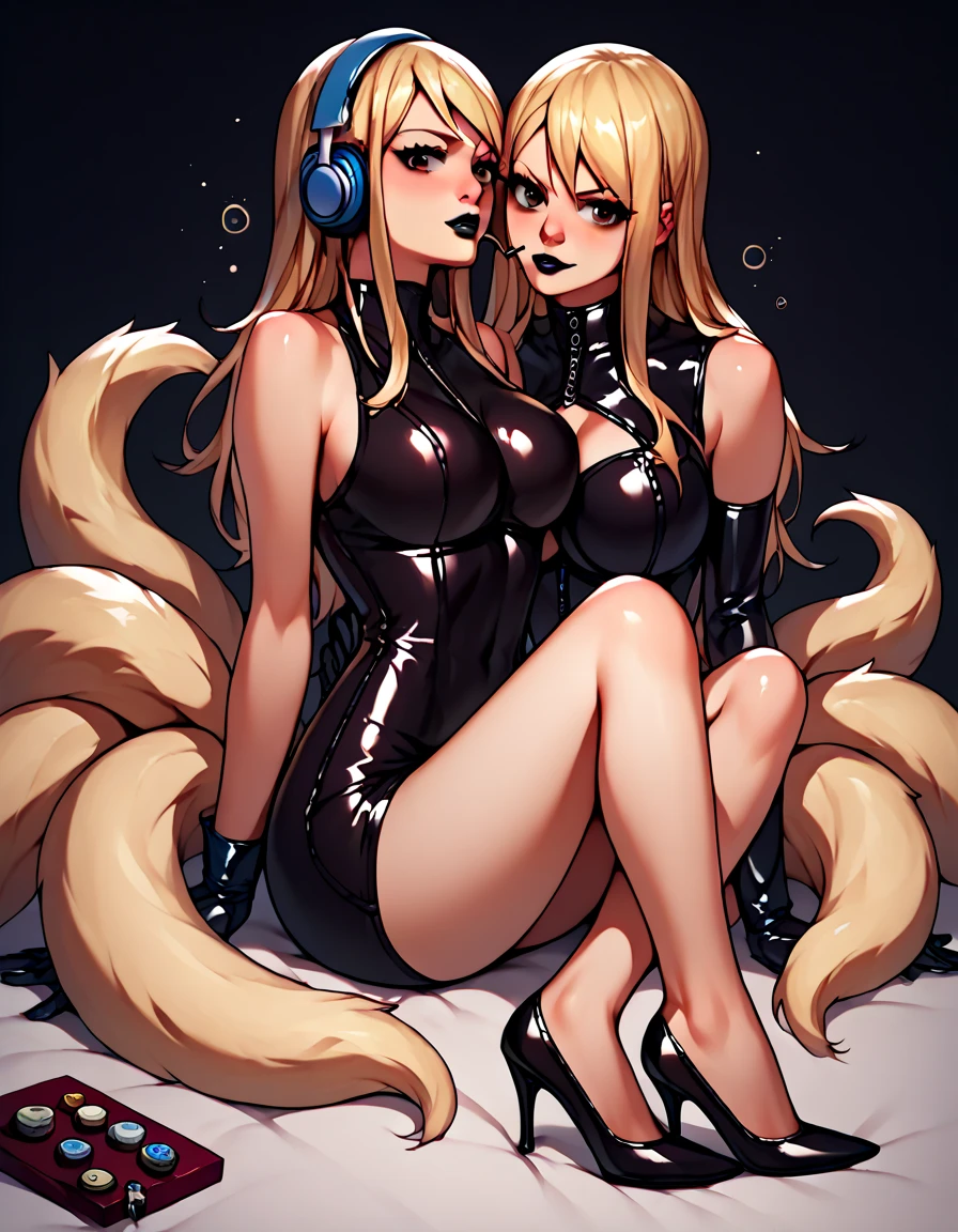 evaluation_9, evaluation_8_up, evaluation_7_up, source_anime,
lucyheartfilia, lucy heartphilia,  Blonde hair,  brown eye ,  long hair,  Double tail ,  short black latex dress , bare legs,  heel shoes ,  long latex gloves , black lipstick, cosmetics,
 in the room,  on the bed, on the side, ruddy, drunk,
  blue headphones look at the viewer,  cowboy shot , One,  Dutch corner,  sexy sitting position , slave kisses heels,