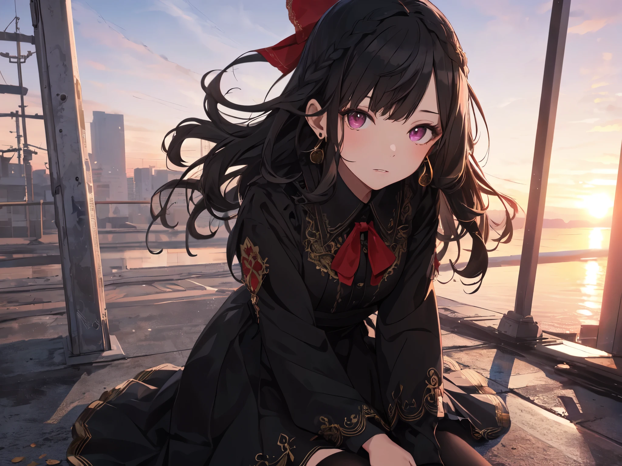Solo, Girl, (Human ears, Short stature), (Earrings), (Black hair, Long hair, Curls, Vertical curls in front of bangs), (Hair tie, Hair tie at the back of head with big red ribbon), (Girl sitting on ground hugging knees), (Cool facial expression, Heavy makeup), (Dress-like black outfit, Black tights), (Sunset sky, Sunset, Evening sky), (High angle with focus on chest), (High resolution, Masterpiece, Accurate, Anatomically correct, Multiple awards, Top quality, Detailed, High quality model, High quality, Quality, Retina, Highly detailed, Textured skin, Ultra high resolution).