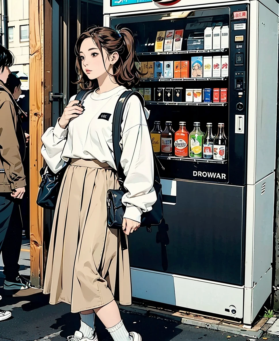 (1 girl) 、Create an " Standing in front of a vending machine in a back alley" scene where a beautiful dark gray-eyed Japanese young highschool girl .silver color highlight hair,ash brown color hair,
、Droopy eyes、 (plump skin:0.8) 、Streetscape drawn down to the smallest detail 、 Detailed background
、4K ,8k ,realistic style,(( looking to the right, gazing into the her phone、 sideways、looking away、looking at another 、looking at my phone sideways)) 、((Backpack、 beige oversized trainers、White long skirt 、 black socks、 thick soled sneakers ))