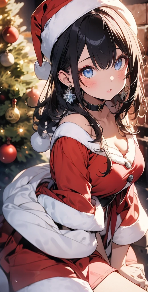 ultra-quality, ultla highres, Hyper Detailed, High contrast, Ultrafine Strike, creative refinement,A dark-haired,ssmile,Santa Claus Costume,Show cleavage,livingroom,5 fingers