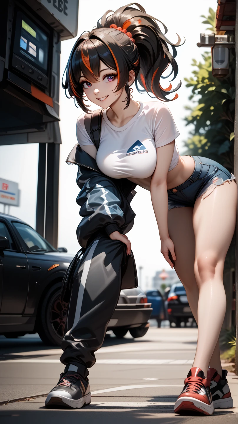 best quality, masterpiece, highres, 1girl,zhu yuan,((fullbody)),stand up,(( slim body)),long legs,smile,large breasts,ponytail streaked hair,white tshirt,ripped short jeans,looking at viewers,front look,(high detailed skin:1.2), 8k uhd, dslr, soft lighting, high quality, Photograph, high resolution, 4k, 8k, Bokeh, plain white background