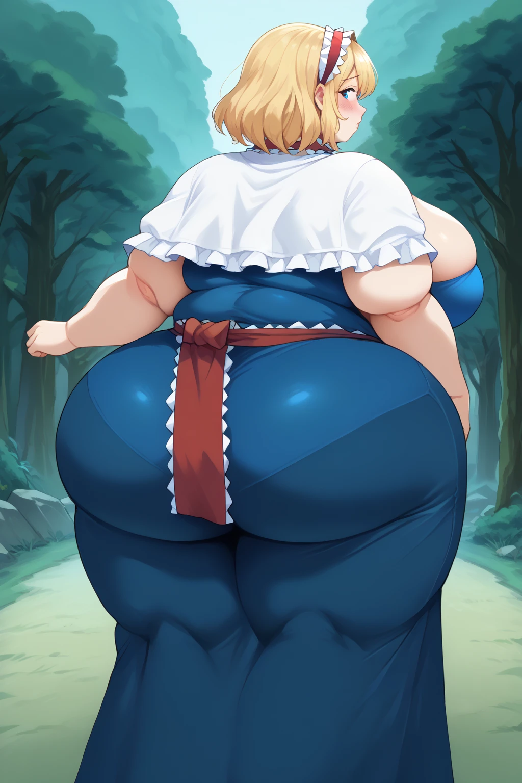  Alice Margatroyd, alice margatroid,  medium hair up to buttocks,  blonde hair ,  blue eyes, ,Red Hairband, , Frilled Headband , Red waist wrap with white frills ,　 Blue Dress ,
 white capelets ,  Blue Dress ,  Blue Long Skirt ,  score_9,   score_8_up,   score_7_up,   score_6_up,   score_5_up,   score_4_up,     masterpiece   ,   top quality,   very aesthetic,   absurd,   source_Anime, Anime screencap,   one woman , Alone,  personal  ,  super huge breasts, ((( super huge clevis, super huge , super huge boob))), Curvy,  chubby, Mature Woman,  obese body type, blush, Shy woman,  stomach flesh sticking out of clothes,　 sloppy stomach , Three-section abdomen, Plump belly,  walking through the woods ,  I'm in the dark woods, Road in the dark woods ,  in a creepy forest , I'm worried about belly fat ,  cleavage enhancement pose, 