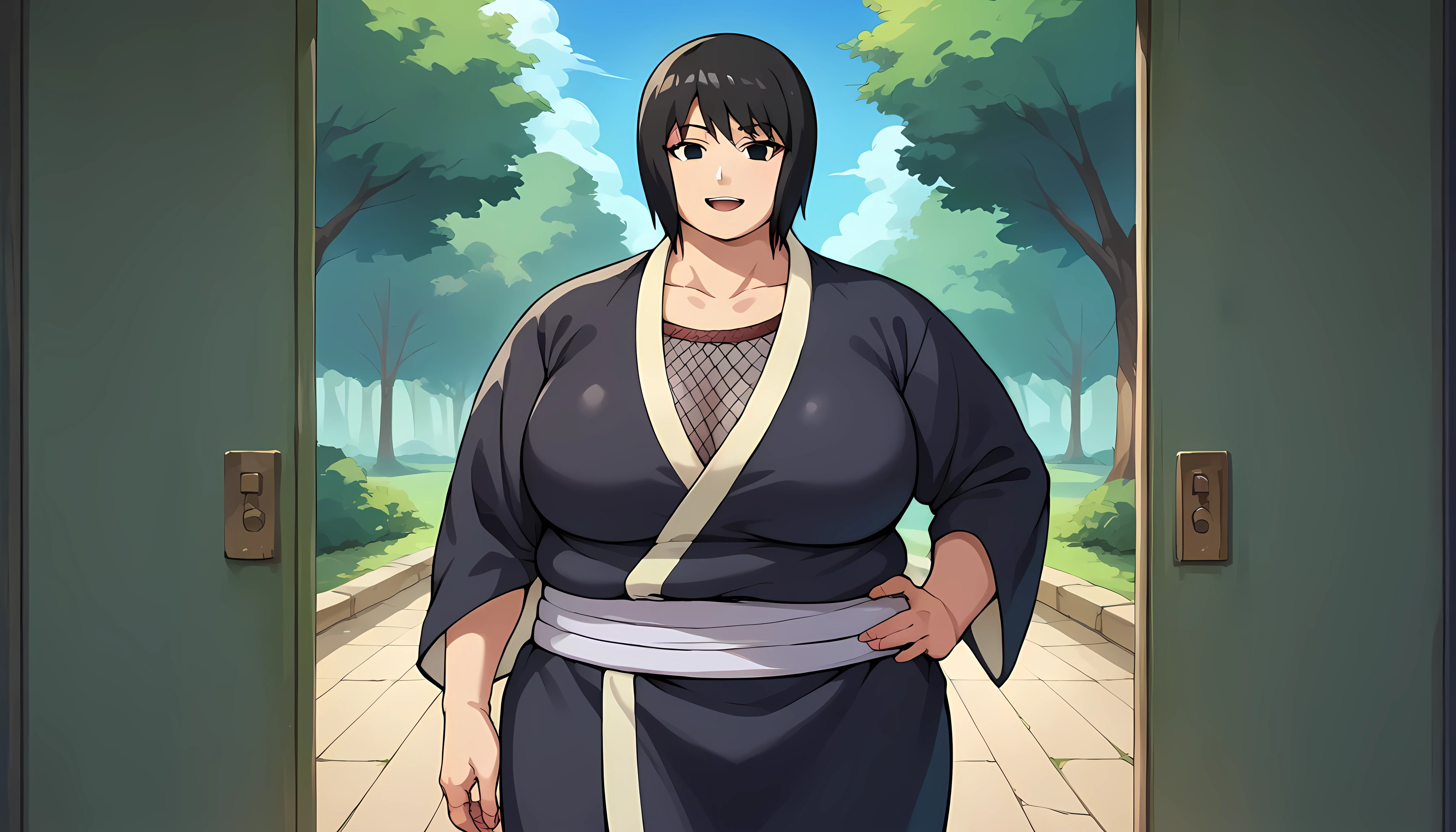 score_9, score_8_up, score_7_up, score_6_up, source_anime BREAK 1girl, solo, shizune, black hair, black eyes, black kimono, (big breasts:0.6), looking at you, hand on hip, light smile, blue sky, tree fat, chubby, obese, gigantic arms and legs, large breasts open mouth, out of breath