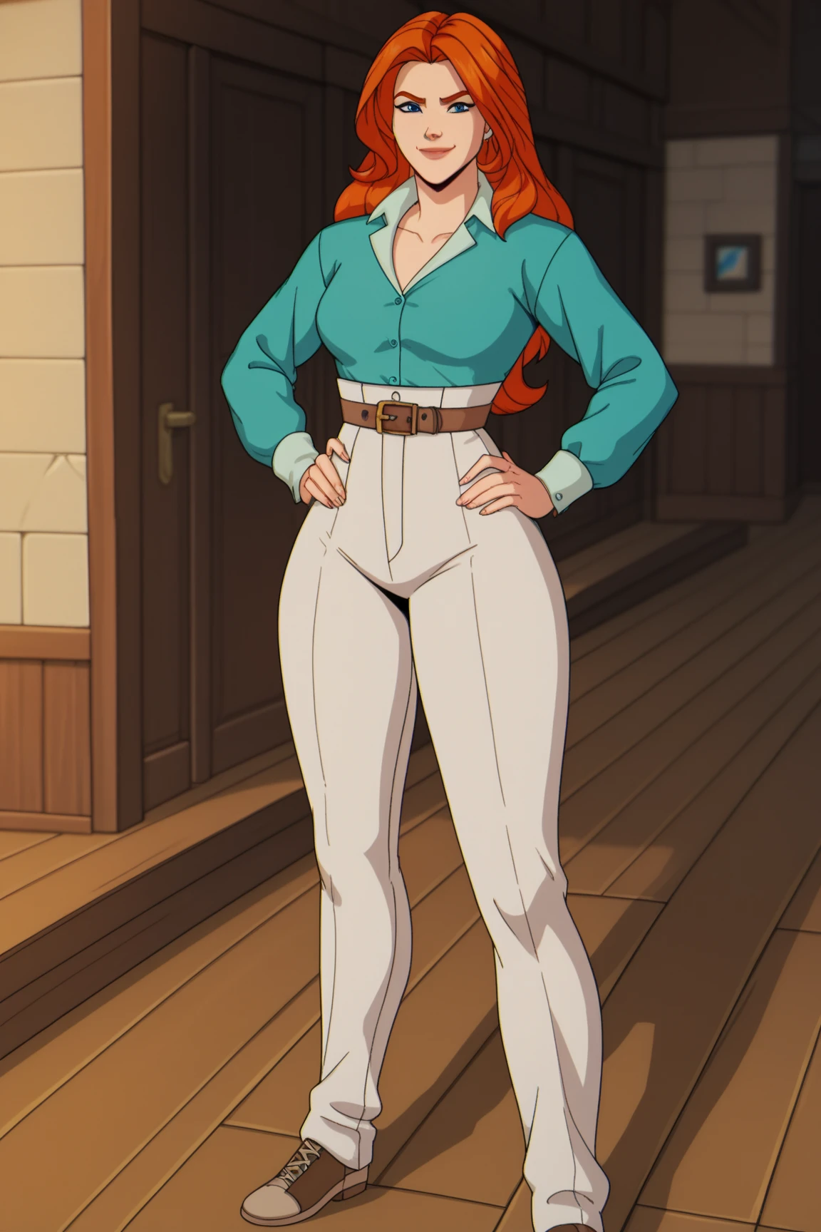 score_9, score_8_up, score_7_up, score_6_up, score_5_up, score_4_up, BREAK, 1girl, Jean, orange hair, blue eyes, blue shirt opened, white high-waist pants, brown belt, brown shoes, standing, hands on hips, smiling, closed mouth, Large breasts, big butt