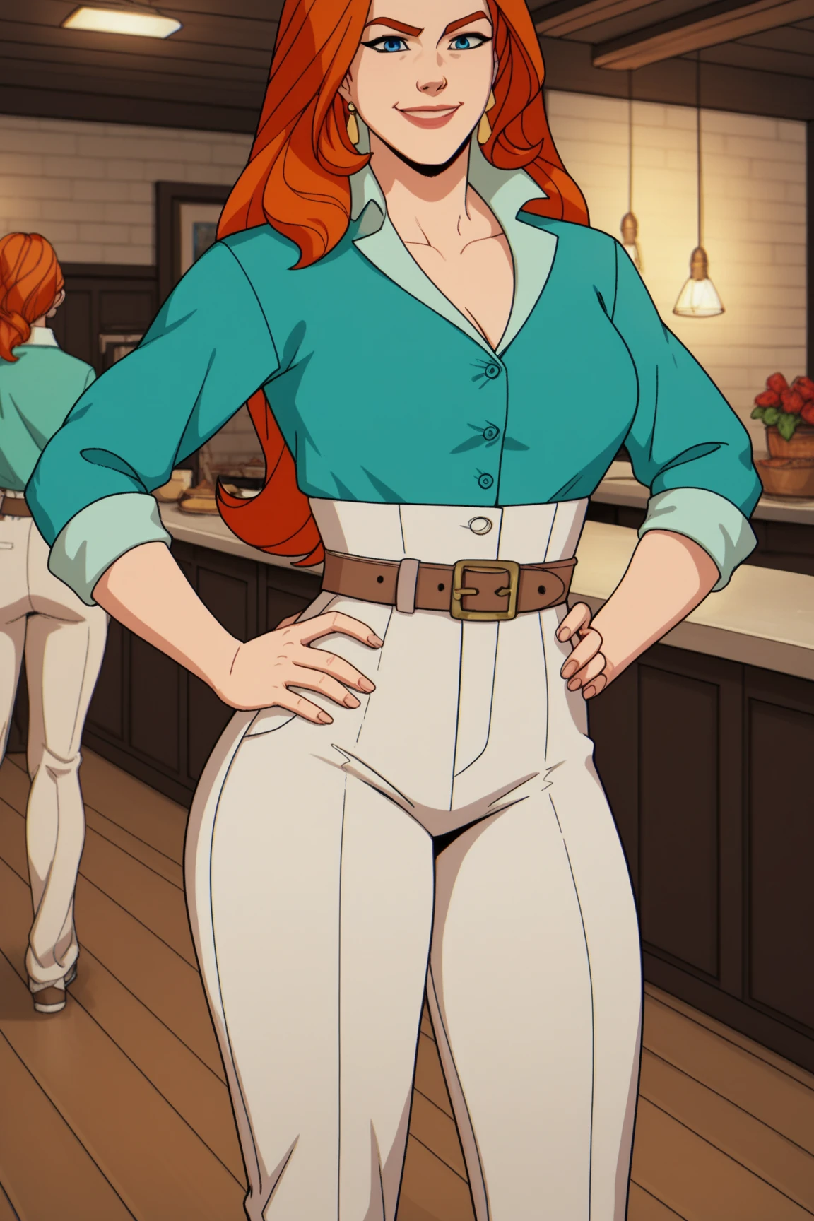 score_9, score_8_up, score_7_up, score_6_up, score_5_up, score_4_up, BREAK, 1girl, Jean, orange hair, blue eyes, blue shirt opened, white high-waist pants, brown belt, brown shoes, standing, hands on hips, smiling, closed mouth, Large breasts, big butt